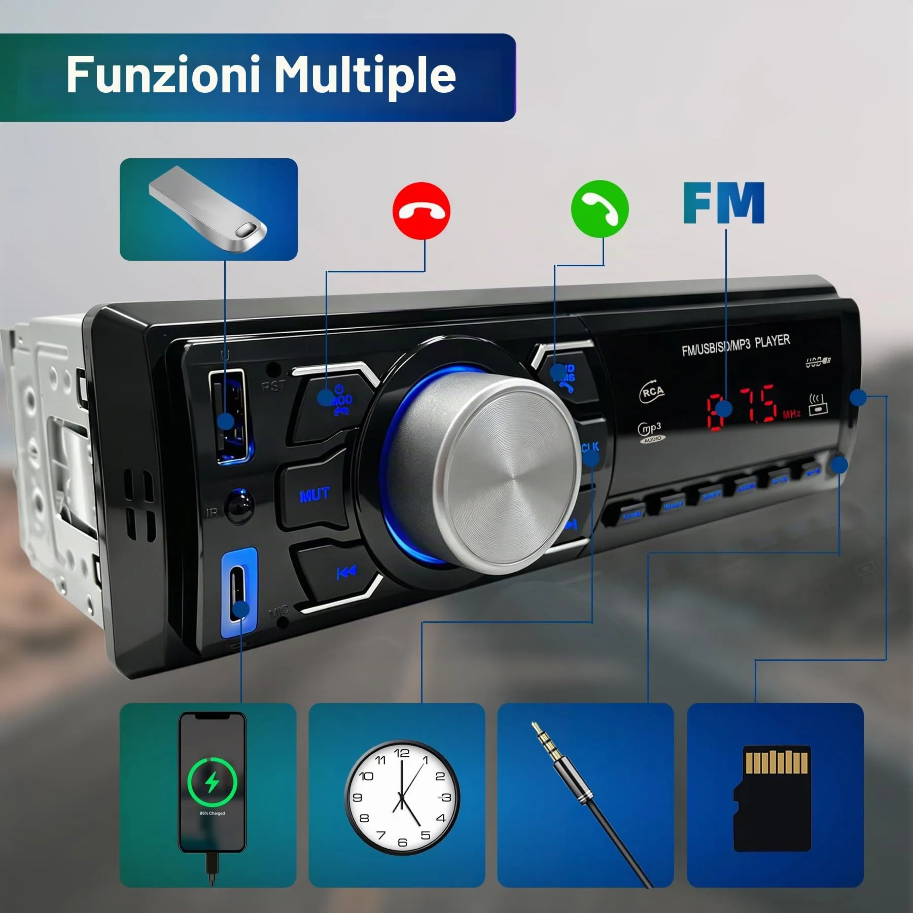 Autoradio Bluetooth 1 DIN - Stereo Auto con Telecomando/Radio FM/USB/AUX - immagine 5