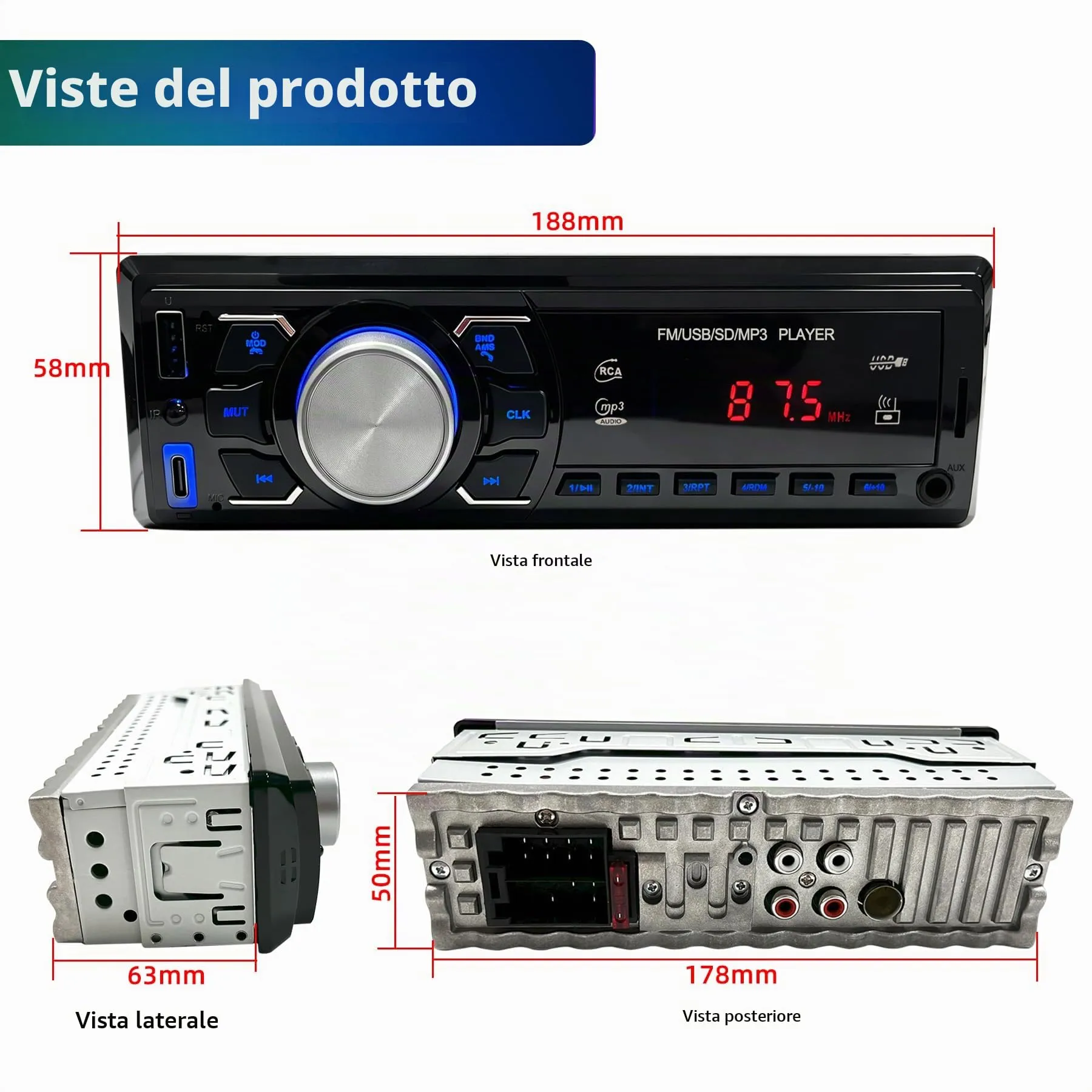 Autoradio Bluetooth 1 DIN - Stereo Auto con Telecomando/Radio FM/USB/AUX - immagine 7