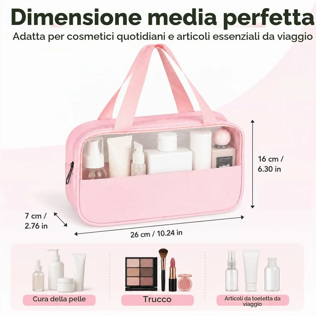 Borsa da Toilette Rosa Media Semitrasparente Appendibile,Impermeabile - immagine 2