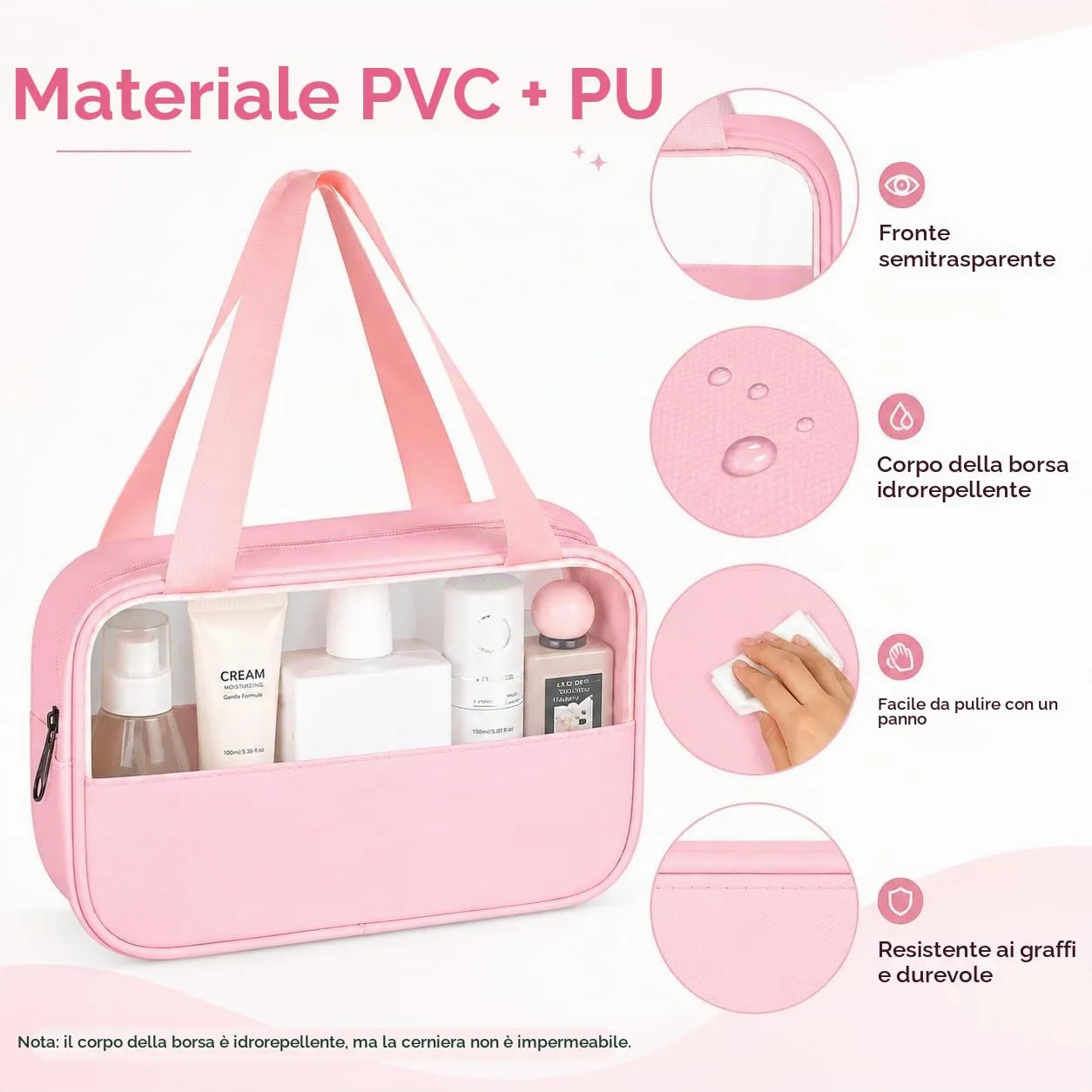Borsa da Toilette Rosa Media Semitrasparente Appendibile,Impermeabile - immagine 3