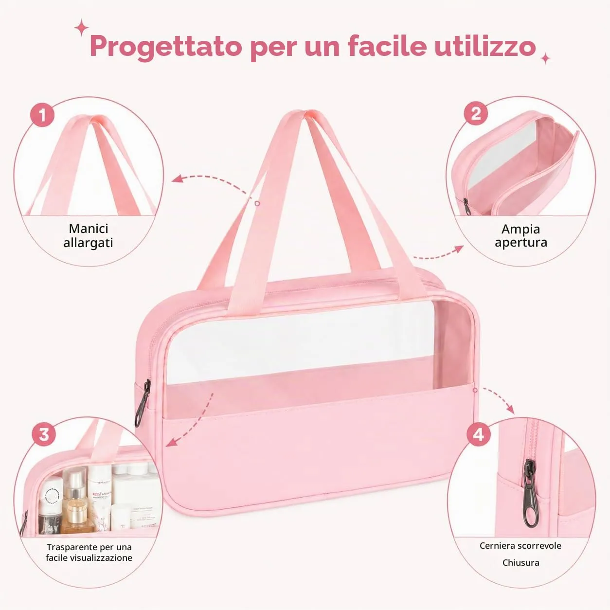 Borsa da Toilette Rosa Media Semitrasparente Appendibile,Impermeabile - immagine 4