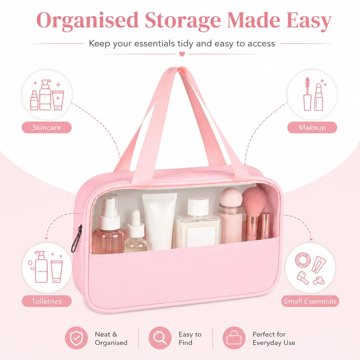 Borsa da Toilette Rosa Media Semitrasparente Appendibile,Impermeabile - immagine 5