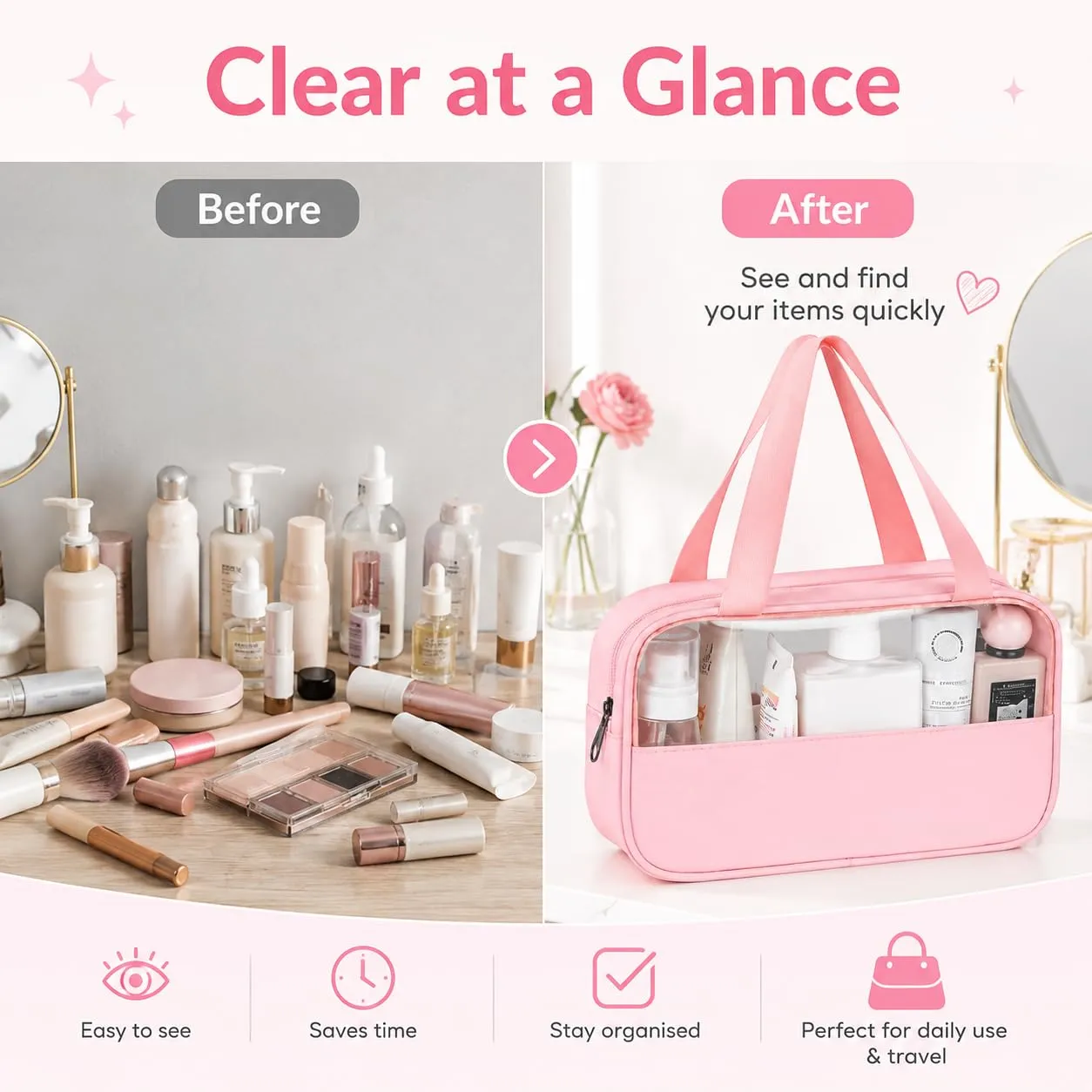 Borsa da Toilette Rosa Media Semitrasparente Appendibile,Impermeabile - immagine 6