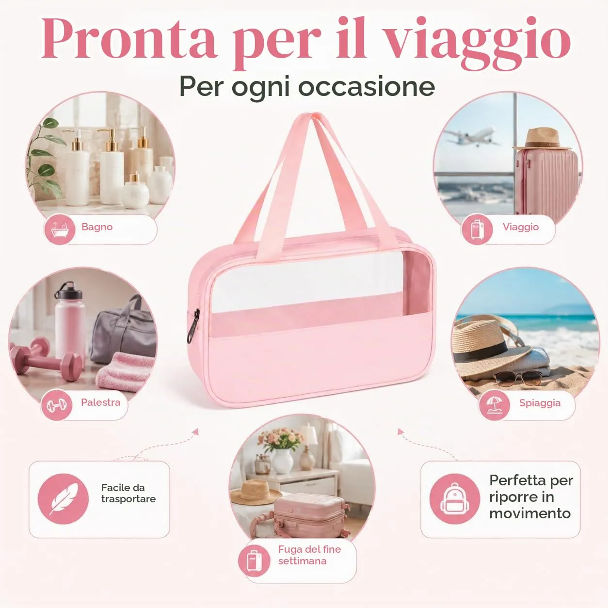 Borsa da Toilette Rosa Media Semitrasparente Appendibile,Impermeabile - immagine 7