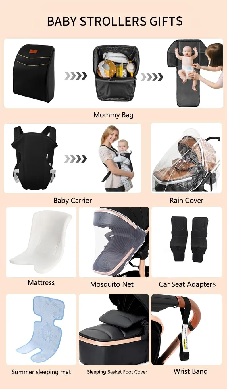 Reenborn Pelle PU Passeggino Trio, Passeggino 3 in 1 con Due Modi Reversibili Spingere, Trio Neonati con Design Pieghevole in Un Clic, Telaio Alluminio Paesaggistico Alto (L518 Brown) - immagine 2
