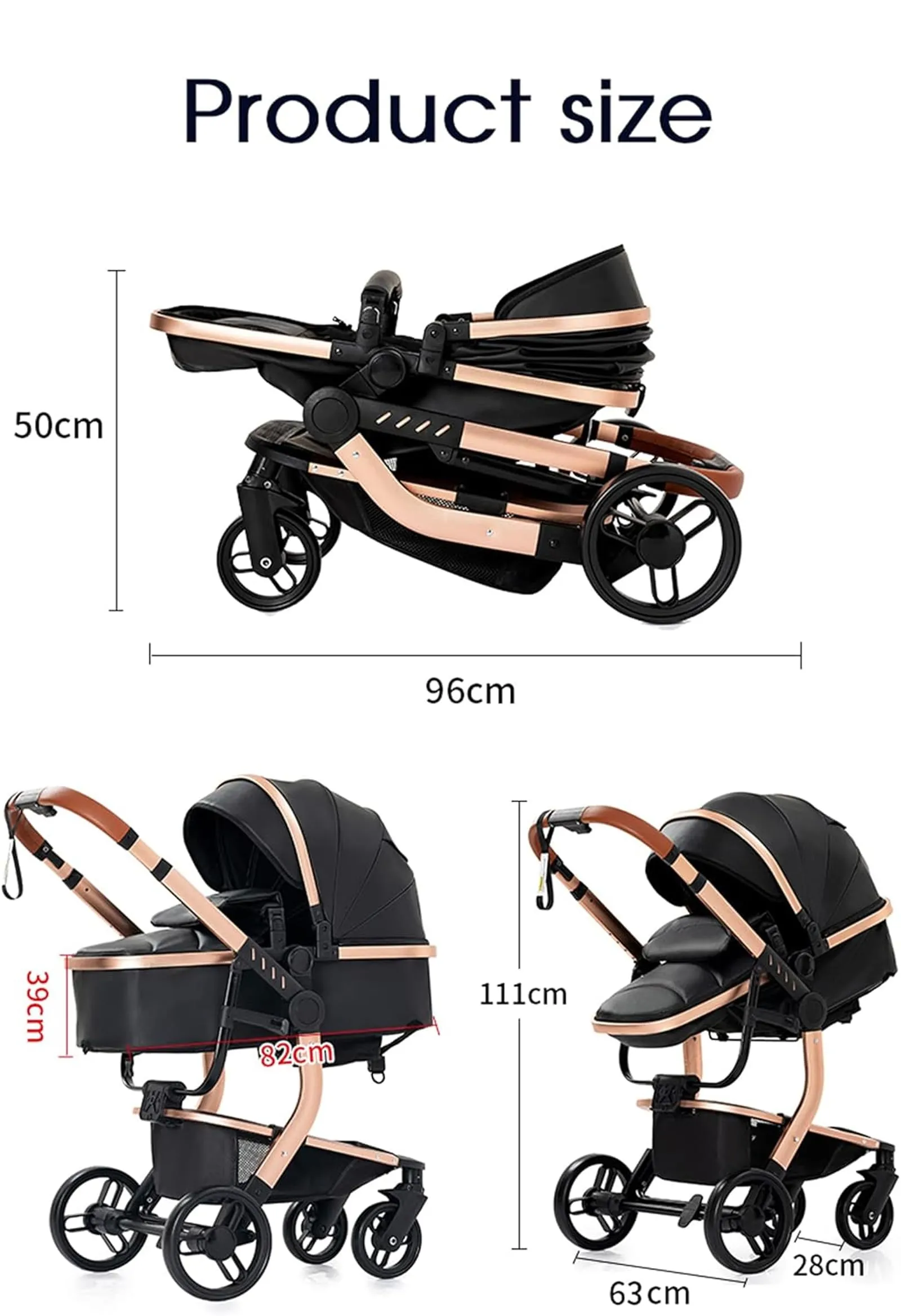 Reenborn Pelle PU Passeggino Trio, Passeggino 3 in 1 con Due Modi Reversibili Spingere, Trio Neonati con Design Pieghevole in Un Clic, Telaio Alluminio Paesaggistico Alto (L518 Brown) - immagine 6