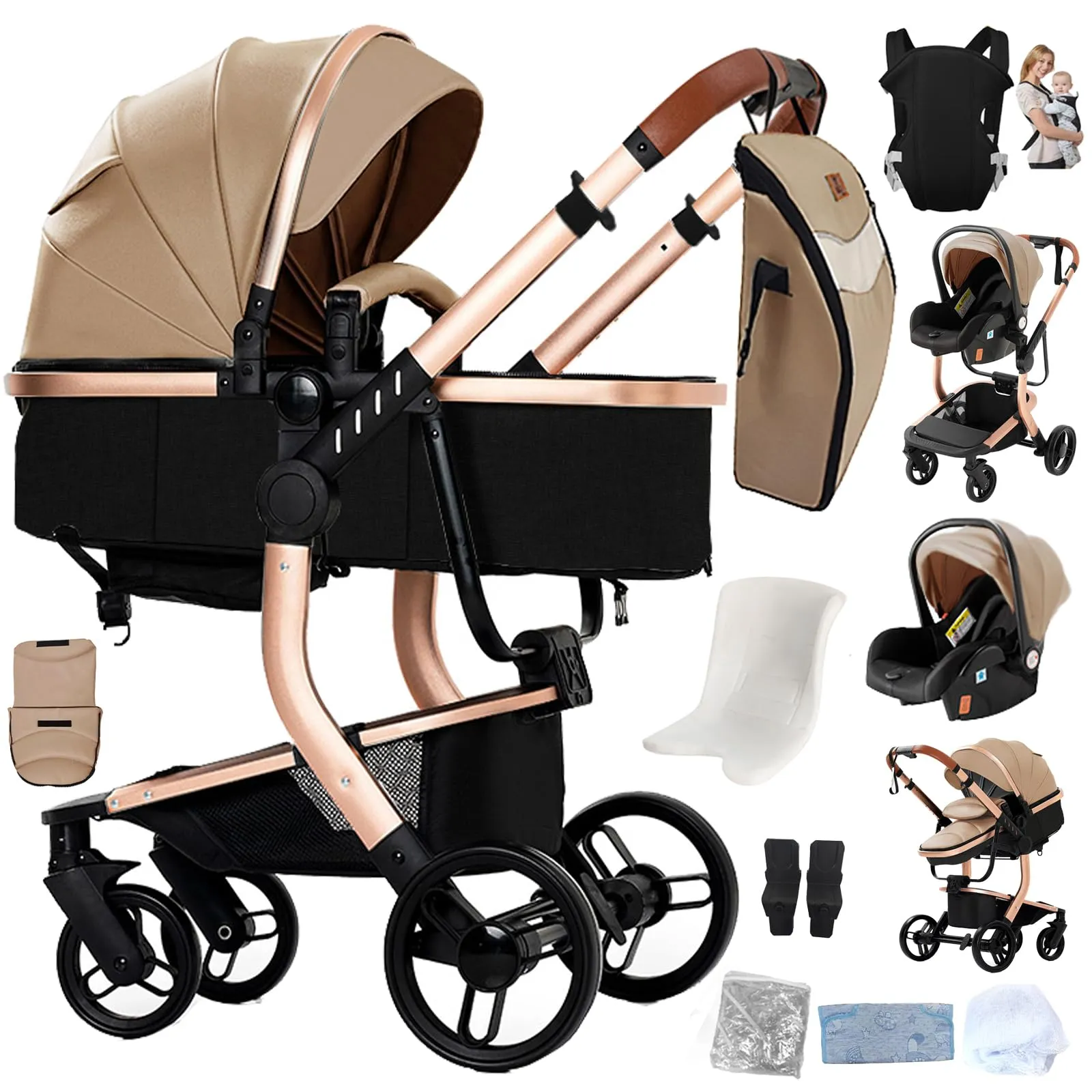 Reenborn Pelle PU Passeggino Trio, Passeggino 3 in 1 con Due Modi Reversibili Spingere, Trio Neonati con Design Pieghevole in Un Clic, Telaio Alluminio Paesaggistico Alto (L518 Beige) - immagine 1