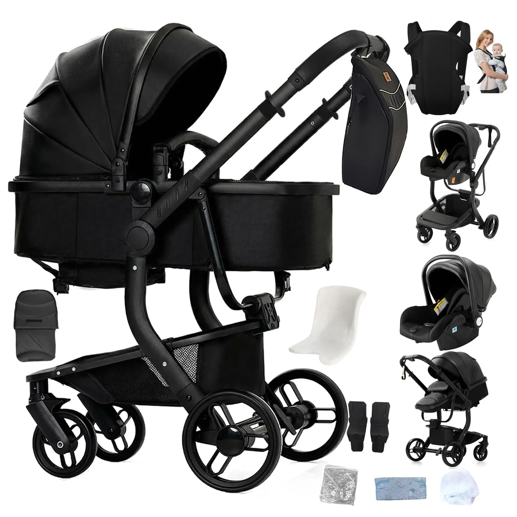 Reenborn Pelle PU Passeggino Trio, Passeggino 3 in 1 con Due Modi Reversibili Spingere, Trio Neonati con Design Pieghevole in Un Clic, Telaio Alluminio Paesaggistico Alto (L518 All Black) - immagine 1