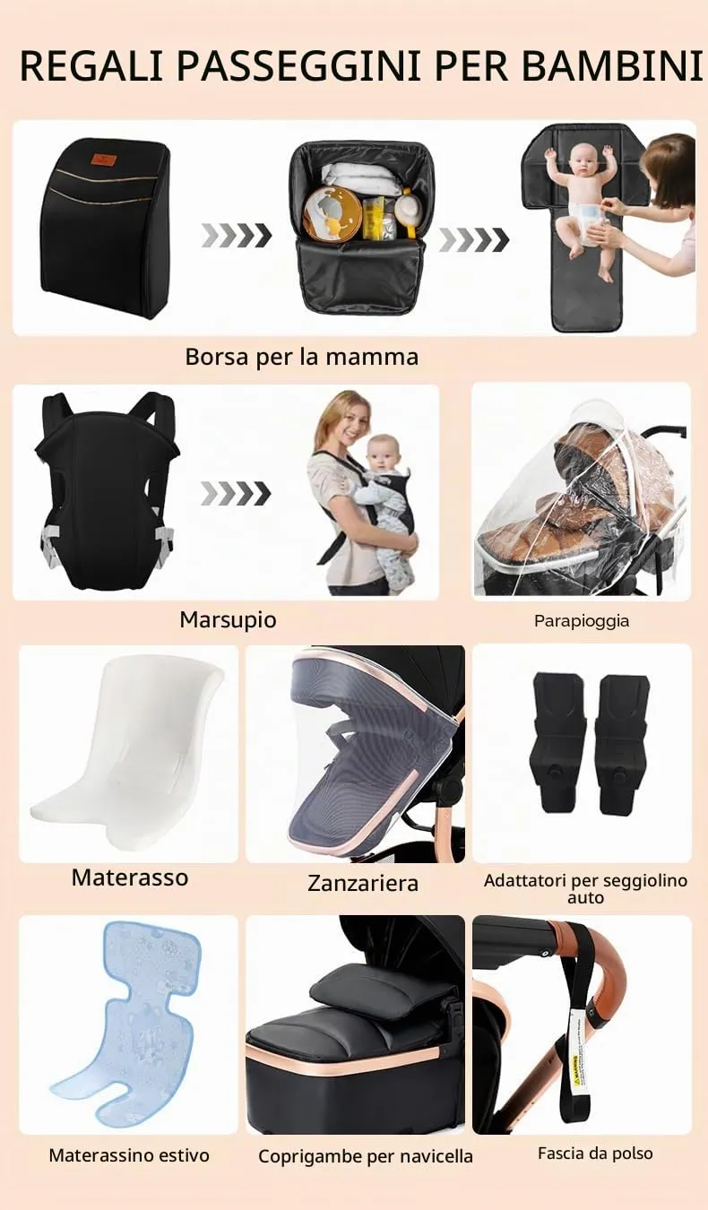 Reenborn Pelle PU Passeggino Trio, Passeggino 3 in 1 con Due Modi Reversibili Spingere, Trio Neonati con Design Pieghevole in Un Clic, Telaio Alluminio Paesaggistico Alto (L518 All Black) - immagine 2