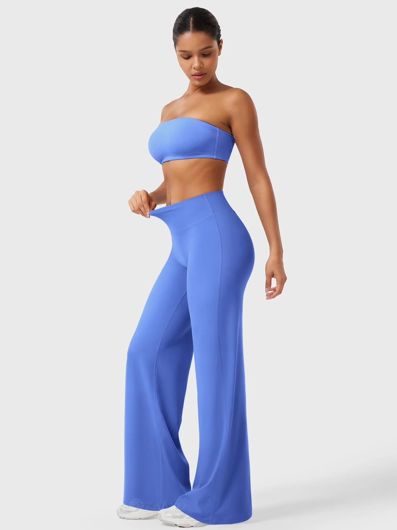 ZAAYO Leggings dritti da donna, senza cuciture, svasati, per yoga, palestra, Blu, L extra lungo - immagine 5