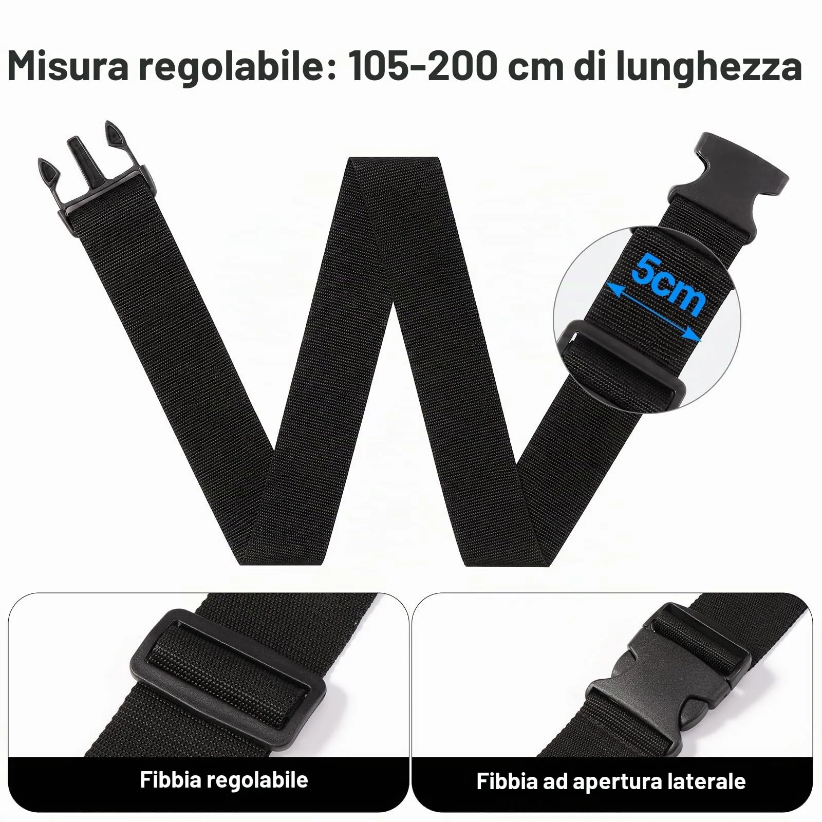 Vinabo 2 Cinghie Regolabili Per Bagagli, 5 X 200 Cm, Nere - immagine 2