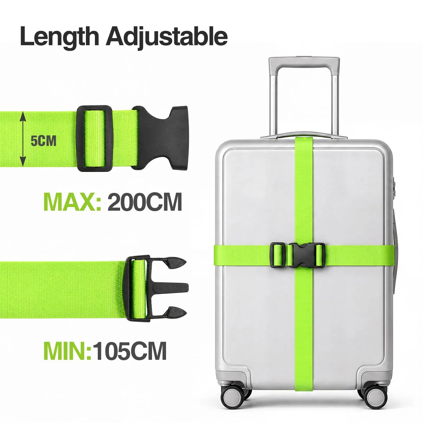Vinabo 4 Cinghie Regolabili per Bagagli, 5 X 200 Cm, Nere + Verde - immagine 2