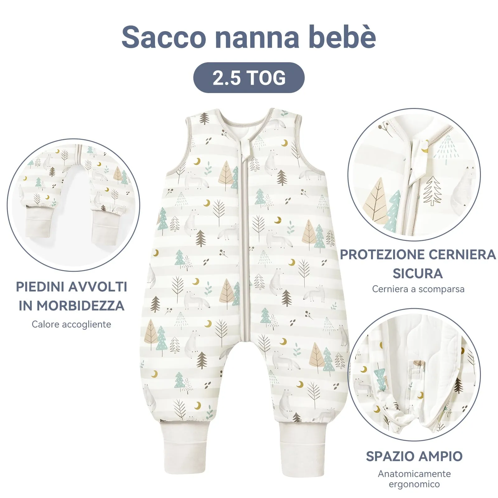 ToyaTec Sacco nanna con piedini, 2,5 Tog, super morbido, realizzato in rayon di bambù, per bambini, in fibra di bambù, per l'inverno, per l'autunno e l'inverno, Grigio, 80cm (18-36 Mesi) - immagine 2