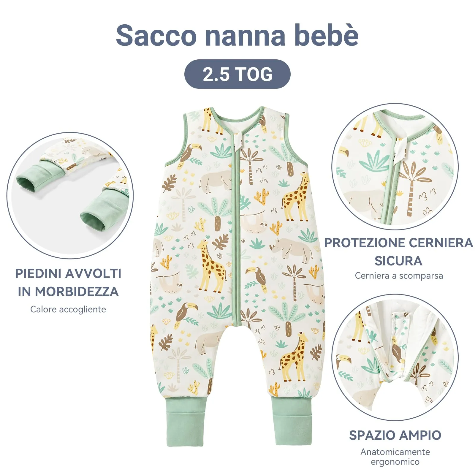 ToyaTec Sacco nanna con piedi, 2,5 Tog, super morbido, realizzato in rayon di bambù, per bambini, in fibra di bambù, per l'inverno, per l'autunno e l'inverno (Giraffa, 90cm (2-4 Jahre)) - immagine 2