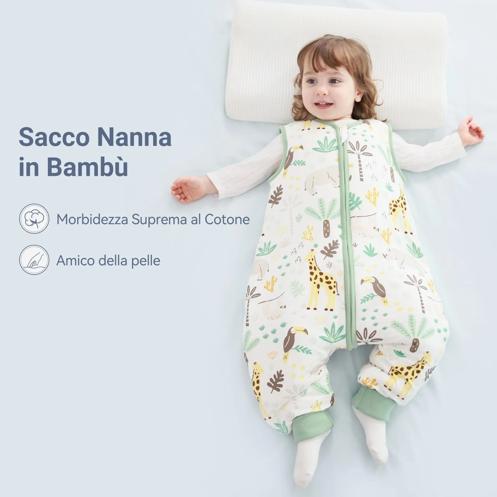 ToyaTec Sacco nanna con piedi, 2,5 Tog, super morbido, realizzato in rayon di bambù, per bambini, in fibra di bambù, per l'inverno, per l'autunno e l'inverno (Giraffa, 70cm (6-18 Mesi)) - immagine 3