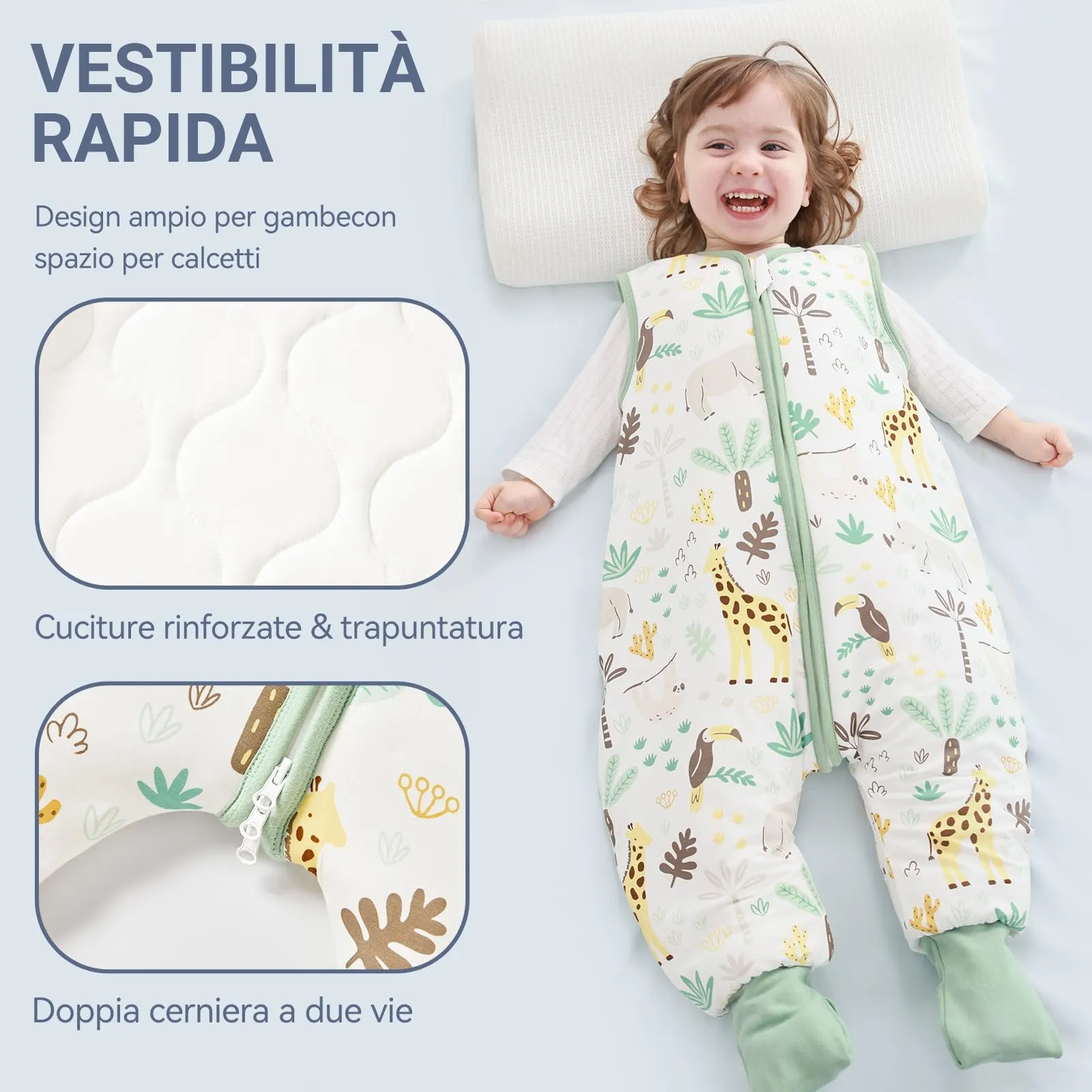 ToyaTec Sacco nanna con piedi, 2,5 Tog, super morbido, realizzato in rayon di bambù, per bambini, in fibra di bambù, per l'inverno, per l'autunno e l'inverno (Giraffa, 100cm (4-5 Jahre)) - immagine 7