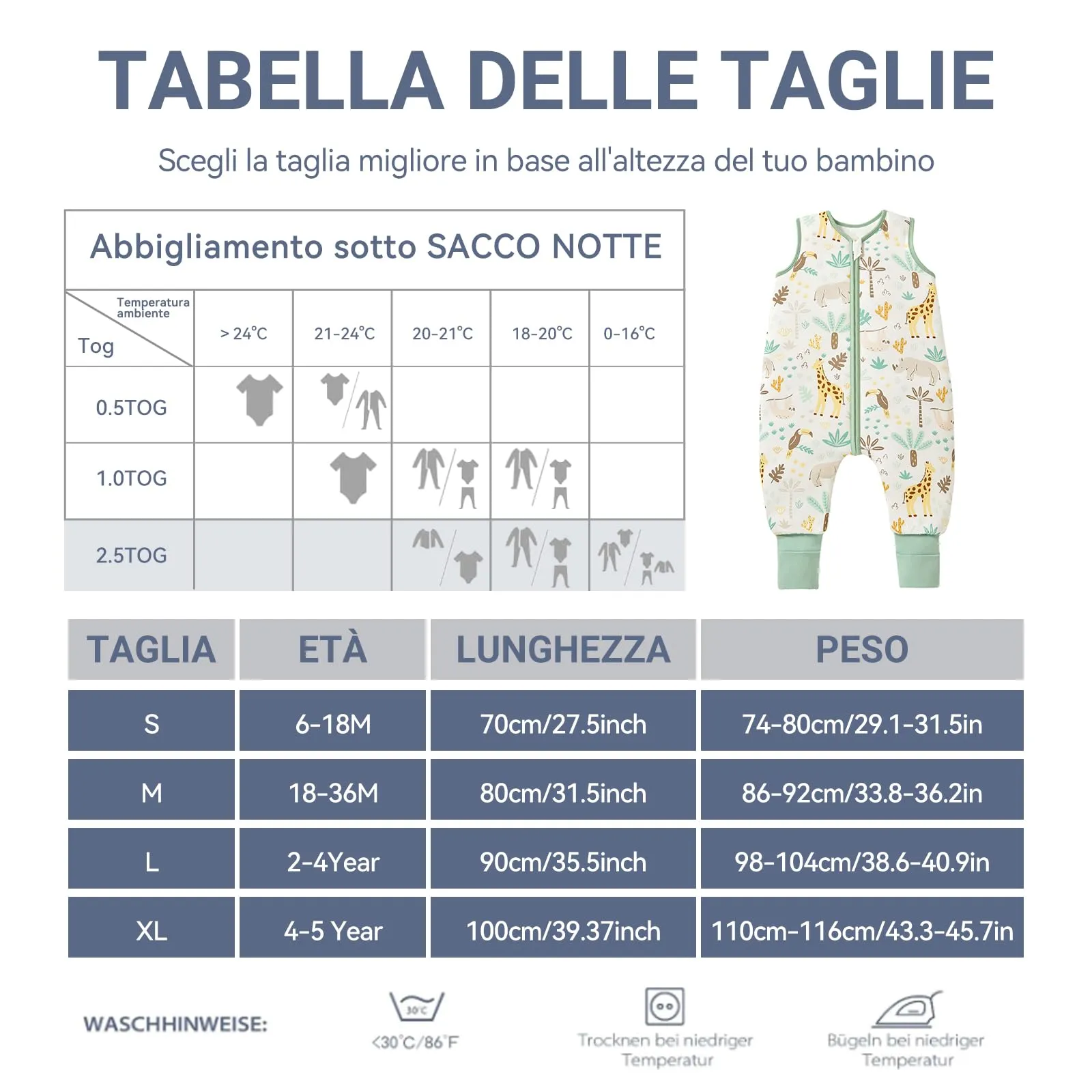 ToyaTec Sacco nanna con piedi, 2,5 Tog, super morbido, realizzato in rayon di bambù, per bambini, in fibra di bambù, per l'inverno, per l'autunno e l'inverno (Giraffa,80cm (18-36 Mesi)) - immagine 5