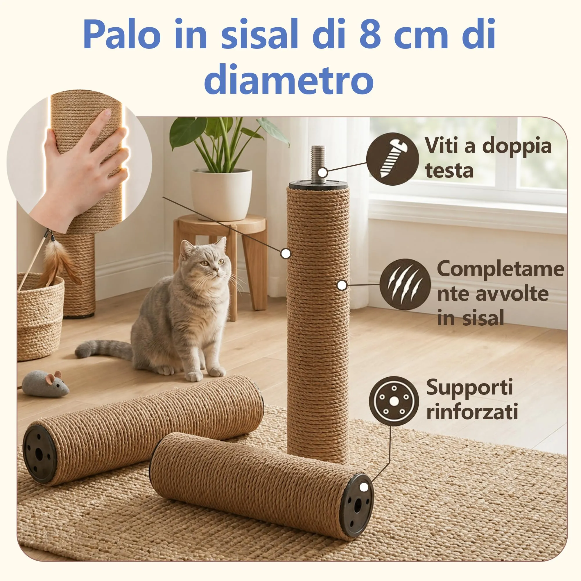 Hey-brother Tiragraffi per Gatti, Colonna sisal 8cm spessa, Cuccia, MPJ02MJ - immagine 3