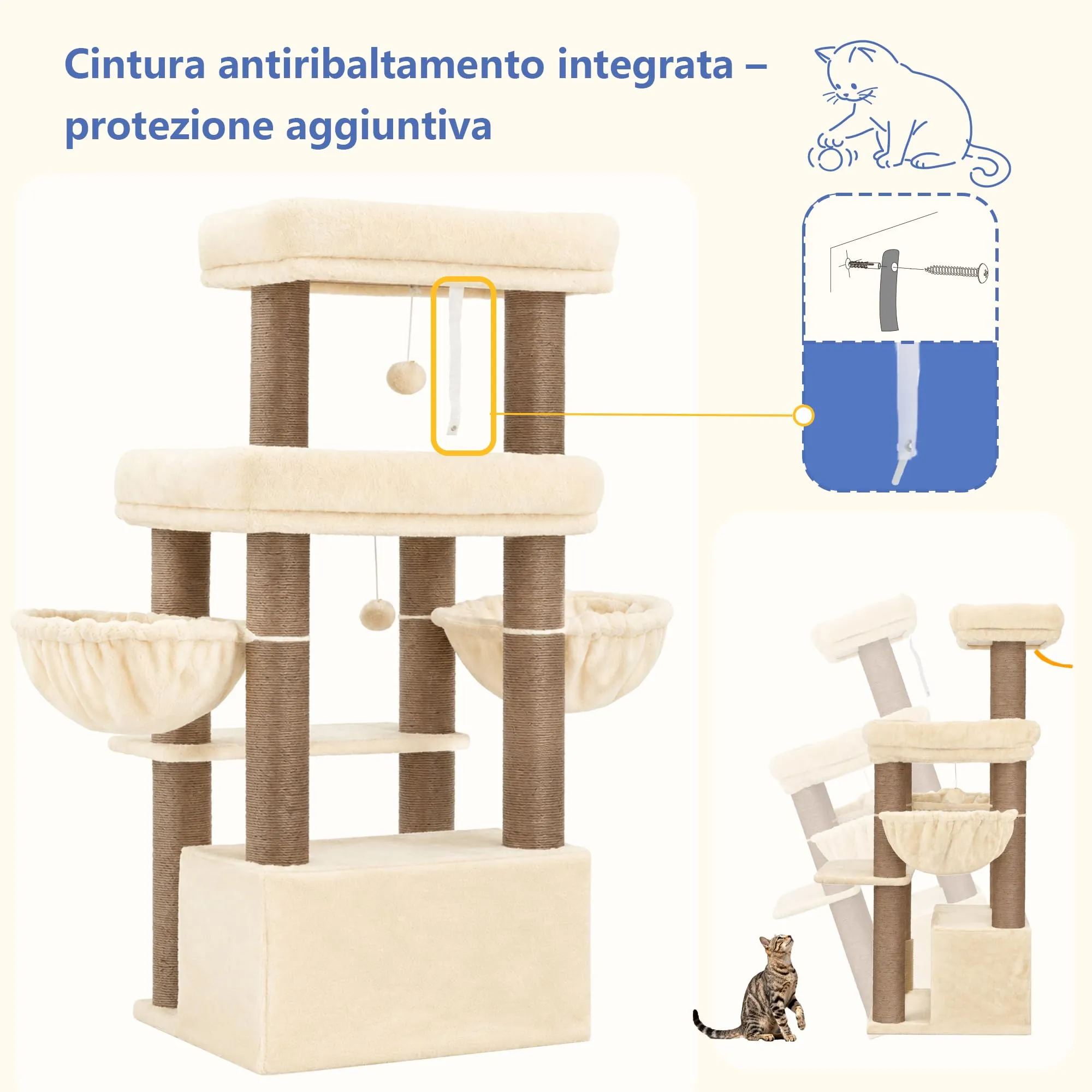 Hey-brother Tiragraffi per Gatti, Colonna sisal 8cm spessa, Cuccia, MPJ02MJ - immagine 8