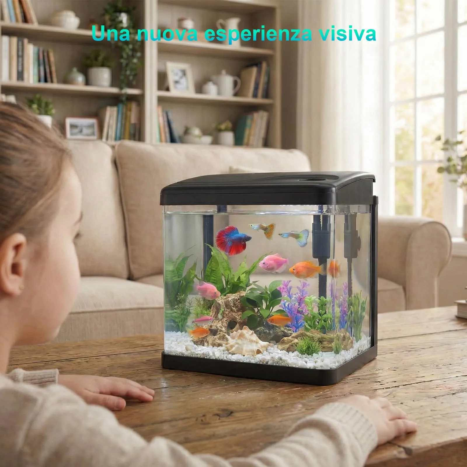 PUTINEI Acquario in Vetro 6 Litri,Acquario Completo Acquarios Per Pesci Rossi,con Illuminazione a LED e Sistema di Filtraggio,Nero,Set Per Principianti - immagine 3