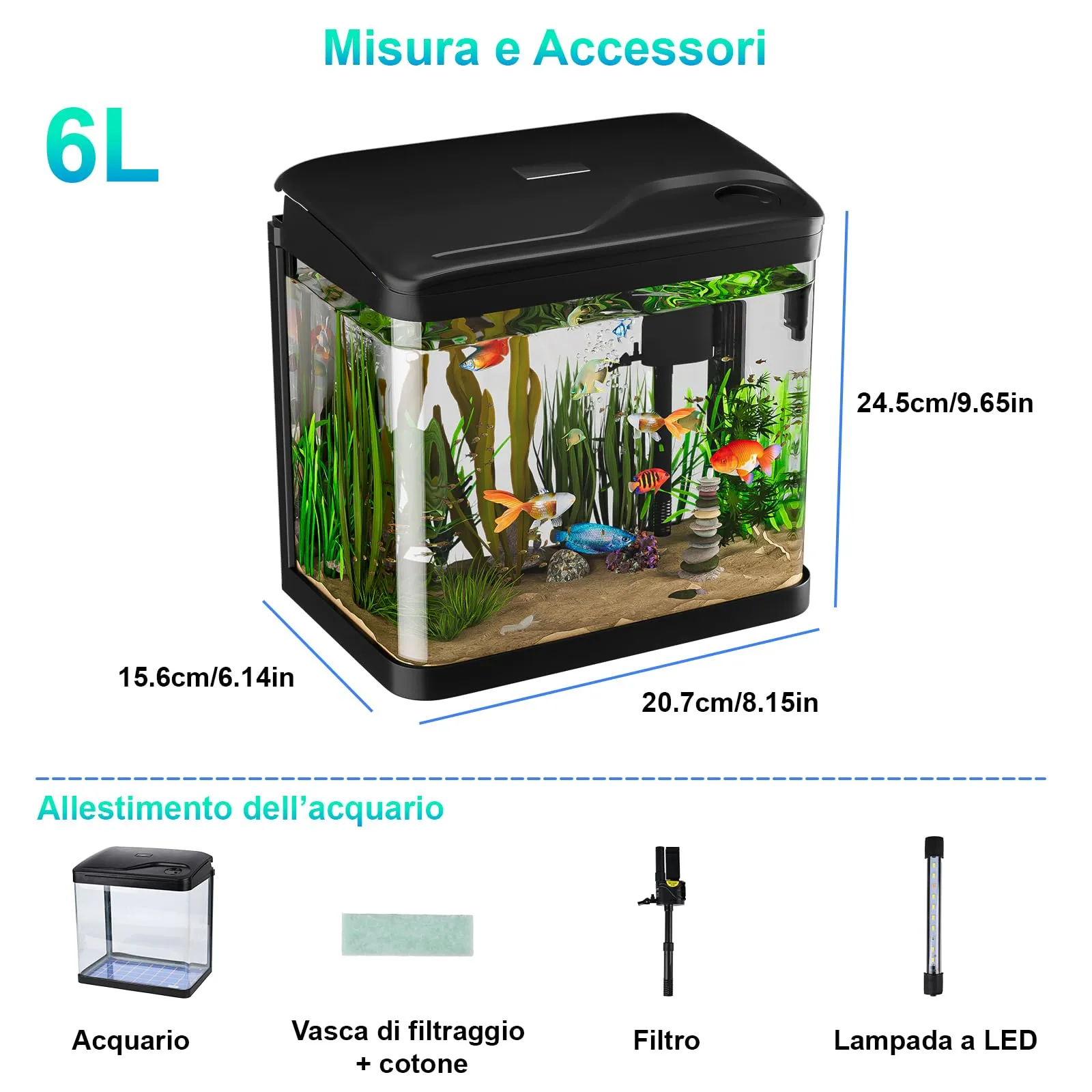 PUTINEI Acquario in Vetro 6 Litri,Acquario Completo Acquarios Per Pesci Rossi,con Illuminazione a LED e Sistema di Filtraggio,Nero,Set Per Principianti - immagine 7