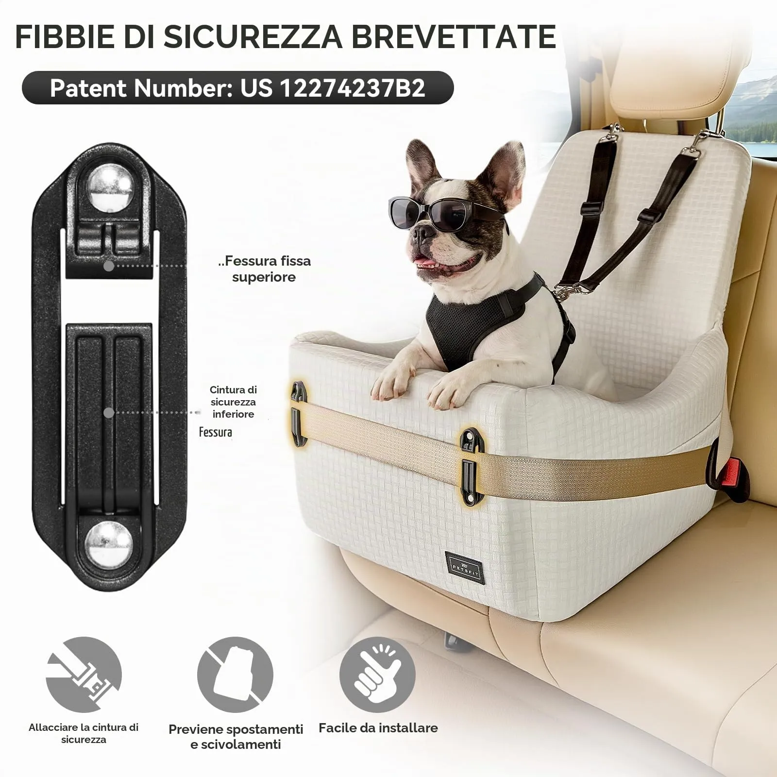 PETSFIT Seggiolino Auto per Cani di Taglia Piccola/Media fino a 15 kg – Sistema di Sicurezza Brevettato, Rialzo con Memory Foam da 13 cm, Sfoderabile e Lavabile, 2 Tasche Portaoggetti (Beige) - immagine 2