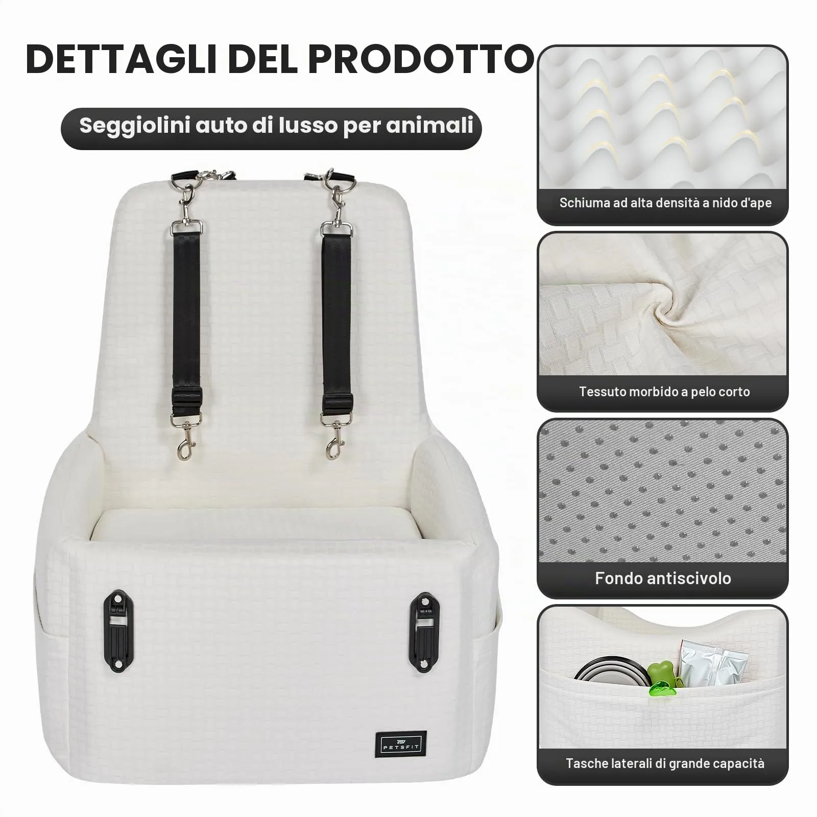 PETSFIT Seggiolino Auto per Cani di Taglia Piccola/Media fino a 15 kg – Sistema di Sicurezza Brevettato, Rialzo con Memory Foam da 13 cm, Sfoderabile e Lavabile, 2 Tasche Portaoggetti (Beige) - immagine 4