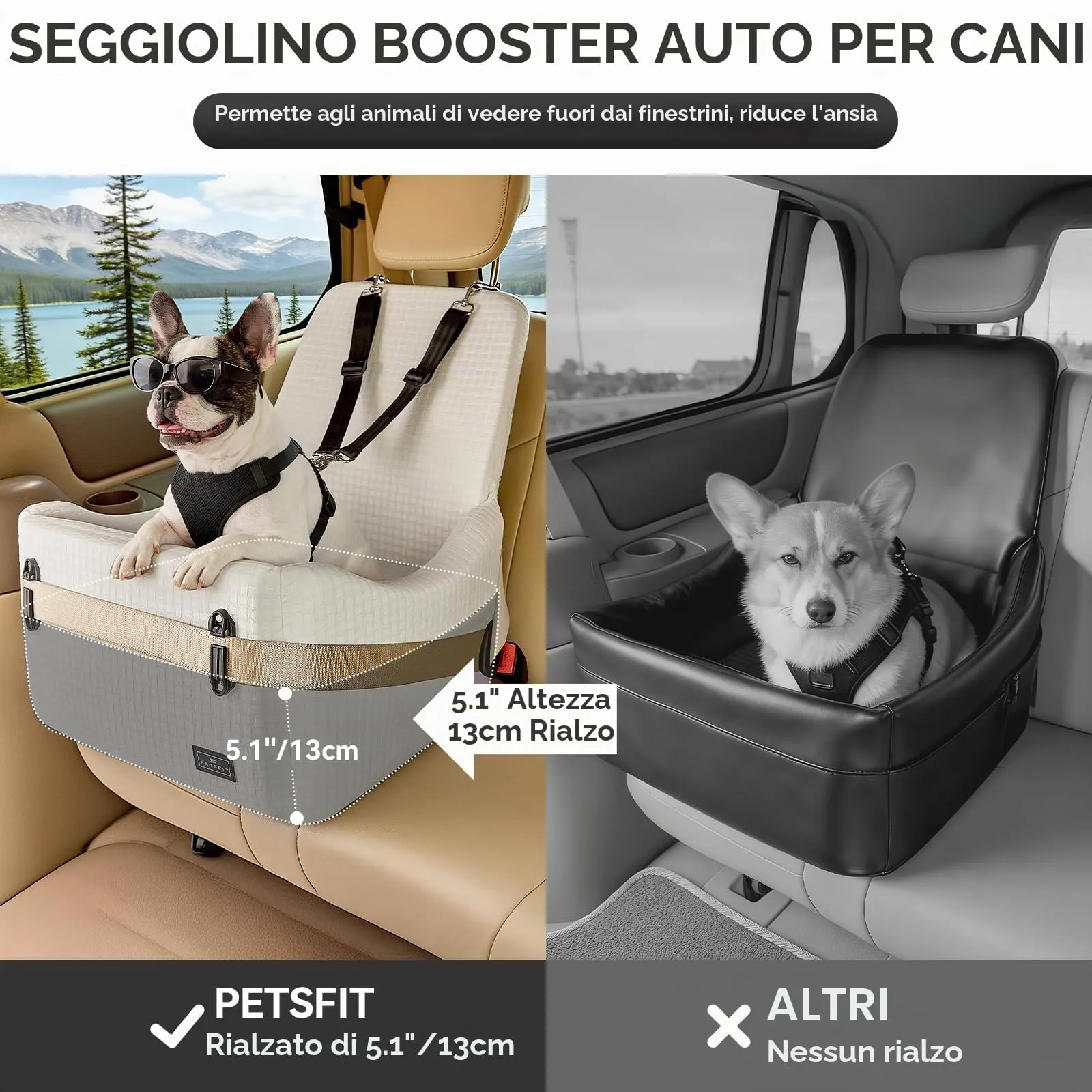 PETSFIT Seggiolino Auto per Cani di Taglia Piccola/Media fino a 15 kg – Sistema di Sicurezza Brevettato, Rialzo con Memory Foam da 13 cm, Sfoderabile e Lavabile, 2 Tasche Portaoggetti (Beige) - immagine 5