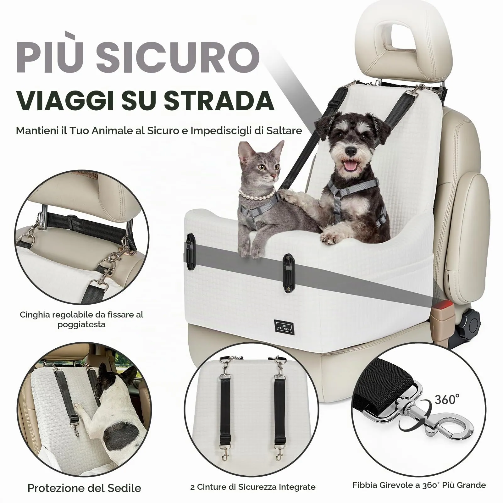 PETSFIT Seggiolino Auto per Cani di Taglia Piccola/Media fino a 15 kg – Sistema di Sicurezza Brevettato, Rialzo con Memory Foam da 13 cm, Sfoderabile e Lavabile, 2 Tasche Portaoggetti (Beige) - immagine 6