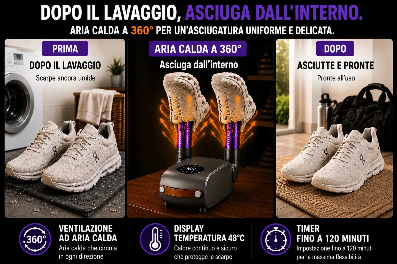 Asciuga Scarpe Elettrico con Timer Regolabile, Aria Calda Costante, Elimina Umidità e Cattivi Odori, Asciugascarpe, Stivali e Scarponi, ideale per Trekking, Calcio, Scii, Tennis, Guantoni e Lavoro - immagine 2
