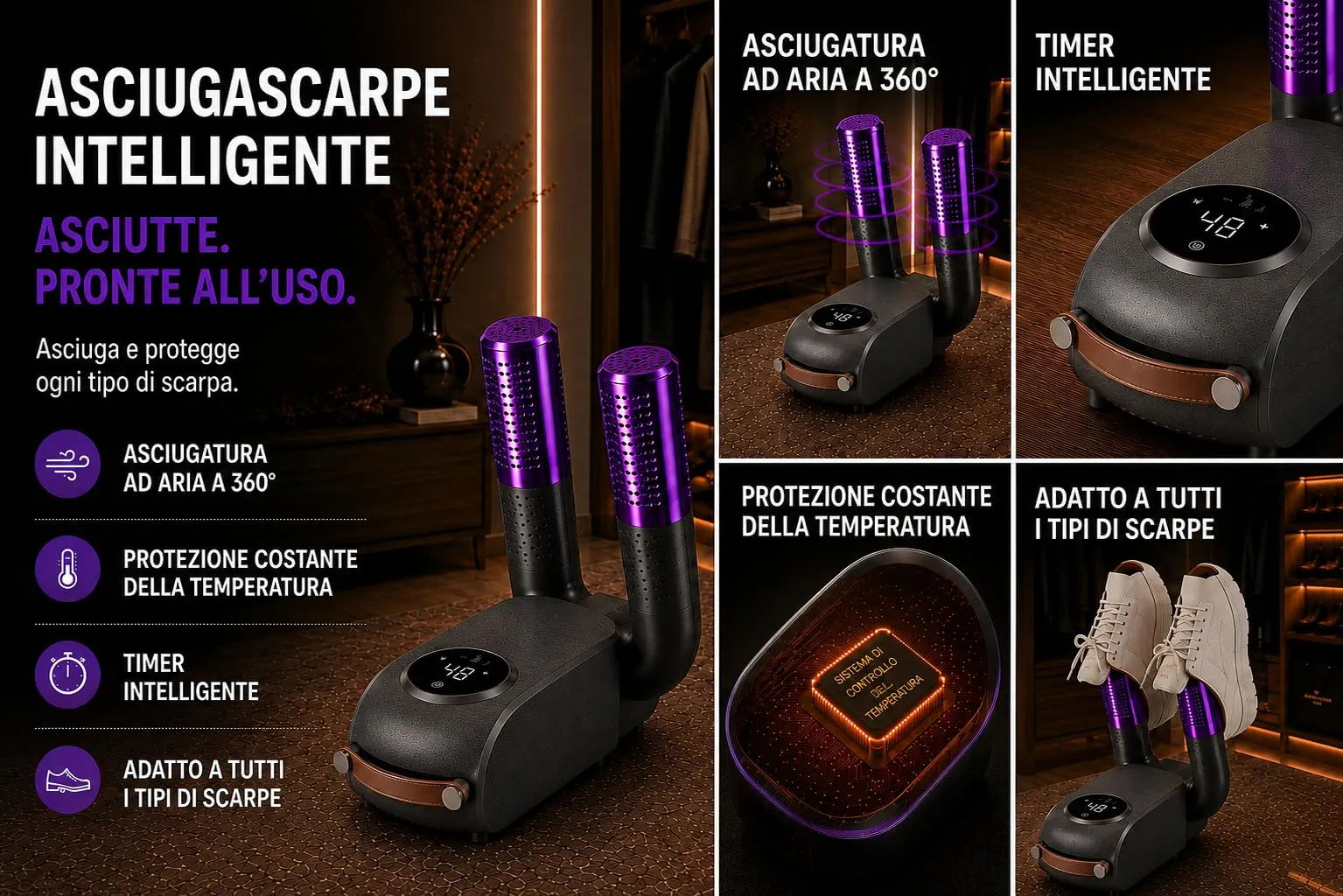 Asciuga Scarpe Elettrico con Timer Regolabile, Aria Calda Costante, Elimina Umidità e Cattivi Odori, Asciugascarpe, Stivali e Scarponi, ideale per Trekking, Calcio, Scii, Tennis, Guantoni e Lavoro - immagine 5