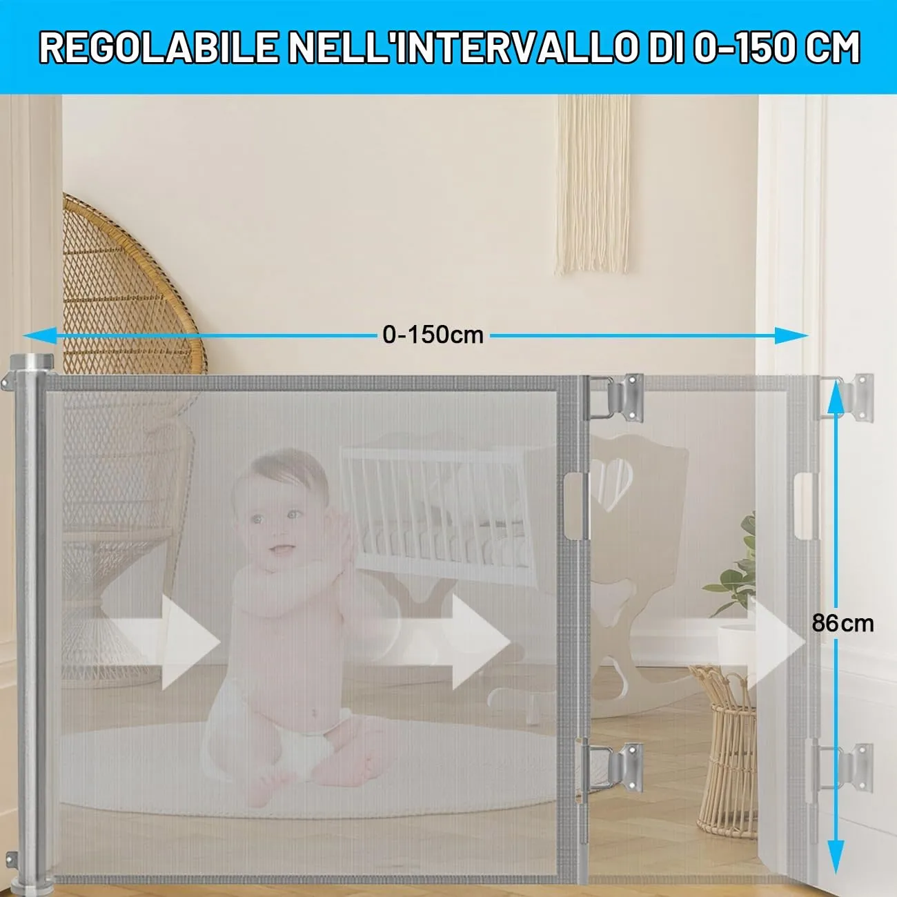 Cancelletto estensibile per scale, 0-150 cm Porta retrattile e cancelletto per bambini e animali domestici, barriera per bambini estensibile, adatto per Scale Interni Esterni Corrido (Grigio) - immagine 3