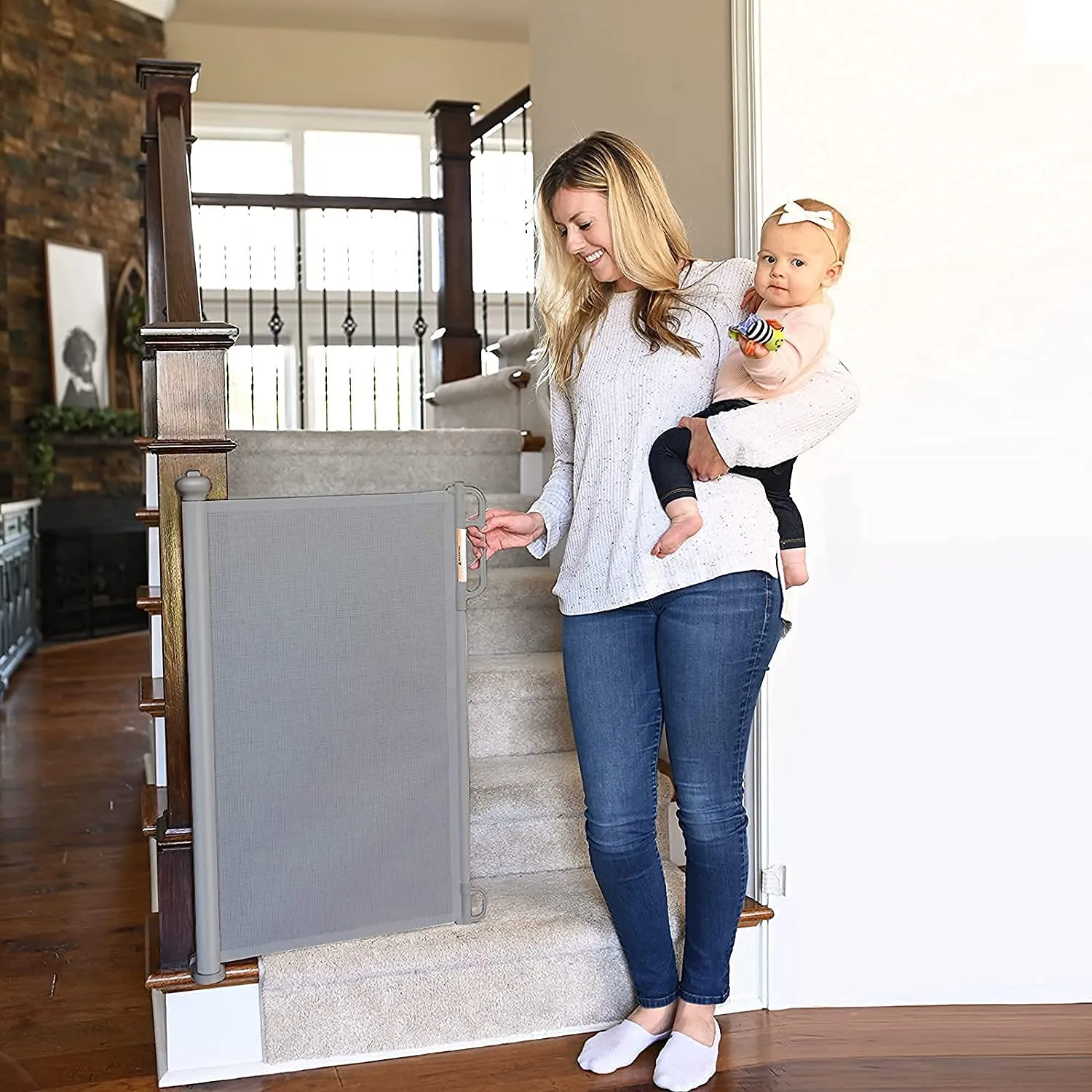 Cancelletto estensibile per scale, 0-150 cm Porta retrattile e cancelletto per bambini e animali domestici, barriera per bambini estensibile, adatto per Scale Interni Esterni Corrido (Grigio) - immagine 8