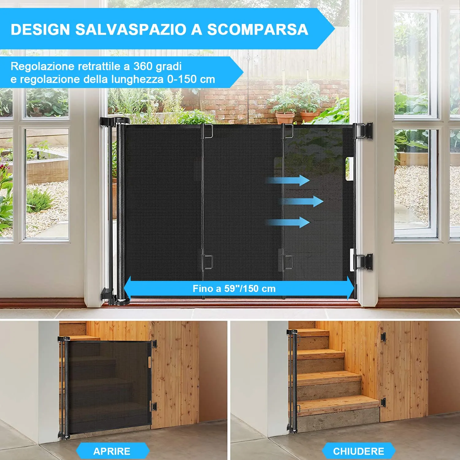 Cancelletto estensibile per scale, 0-150 cm Porta retrattile e cancelletto per bambini e animali domestici, barriera per bambini estensibile, adatto per Scale Interni Esterni Corrido - immagine 2