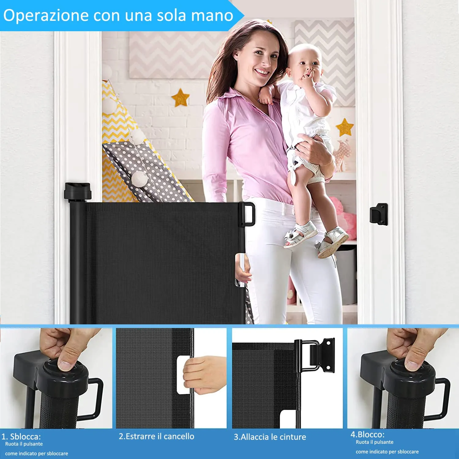 Cancelletto estensibile per scale, 0-150 cm Porta retrattile e cancelletto per bambini e animali domestici, barriera per bambini estensibile, adatto per Scale Interni Esterni Corrido - immagine 3
