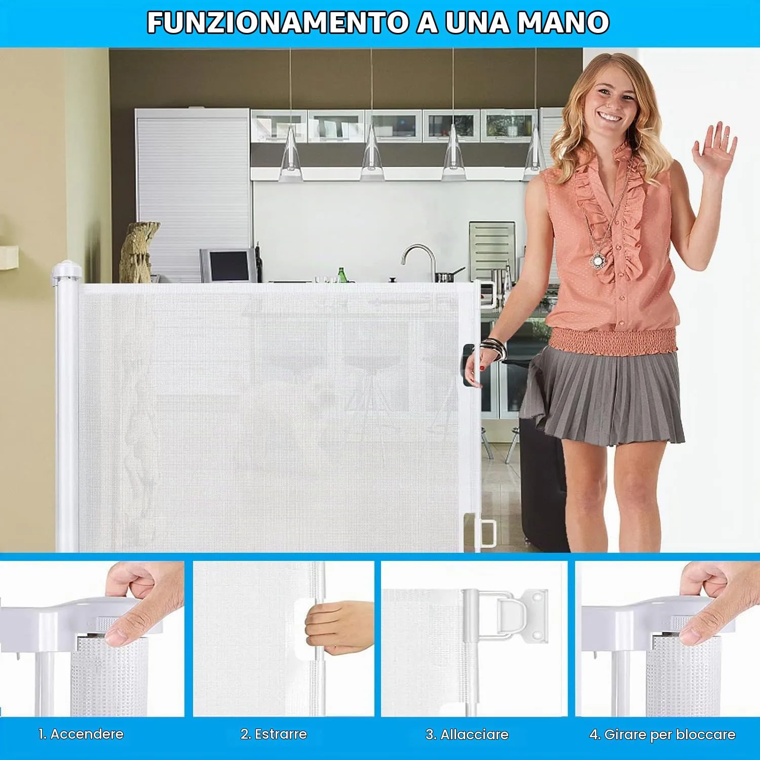 Cancelletto estensibile per scale, 0-150 cm Porta retrattile e cancelletto per bambini e animali domestici, barriera per bambini estensibile, adatto per Scale Interni Esterni Corrido (Bianco) - immagine 2