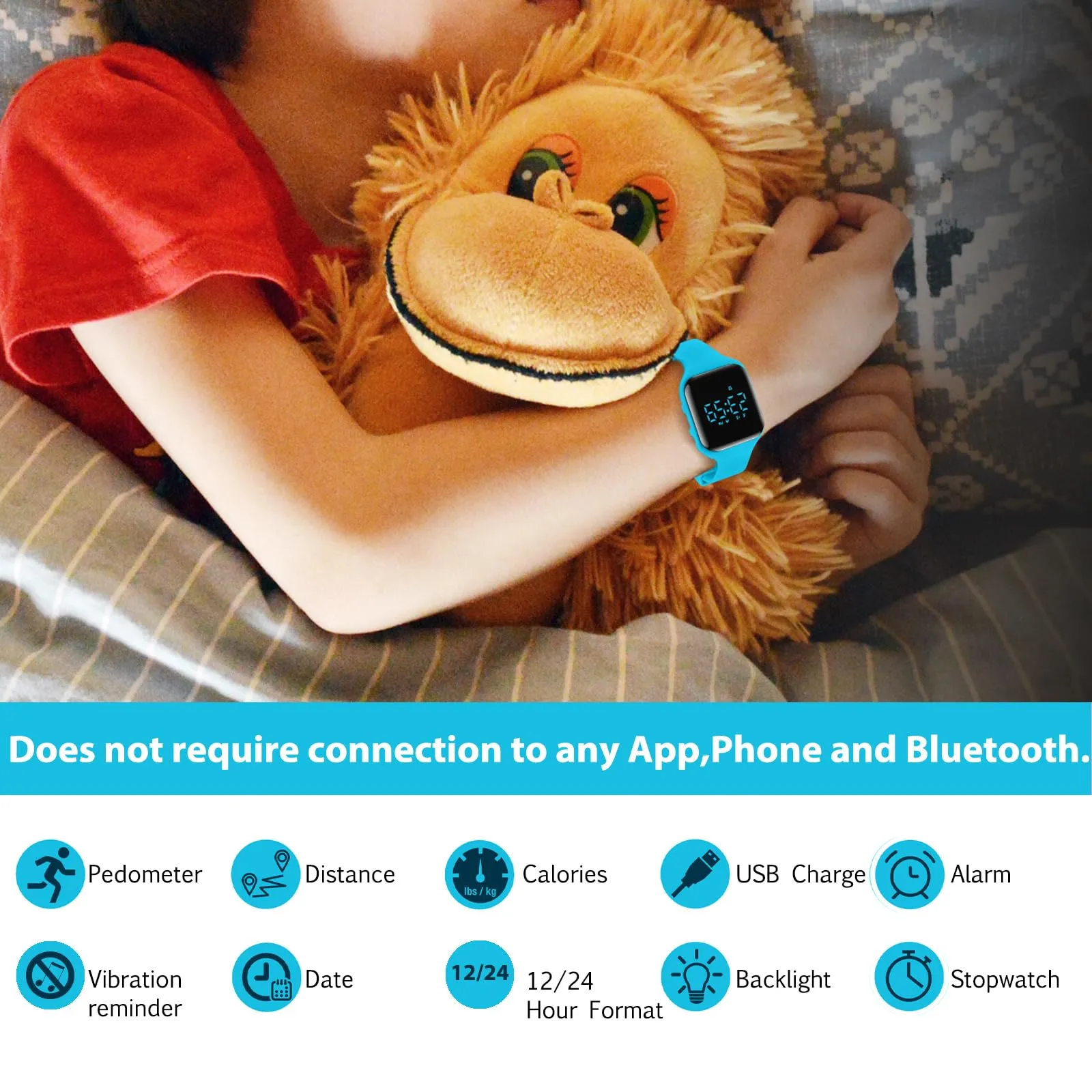aswan watch Orologio Digitale Bambina Bambino con Contapassi,Calorie e Distanza senza App,Sveglia, Cronometro, Data, Luce-Orologio da polso Ragazza Ragazzo con Cinturino in Silicone - immagine 2
