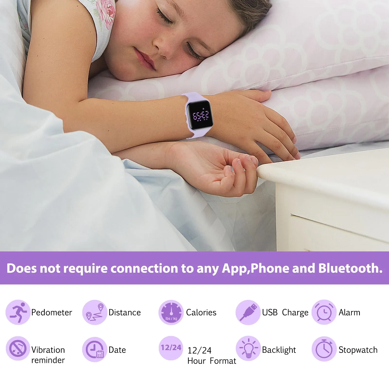aswan watch Orologio Digitale Bambina Bambino con Contapassi,Calorie e Distanza senza App,Sveglia, Cronometro, Data, Luce-Orologio da polso Ragazza Ragazzo con Cinturino in Silicone - immagine 2