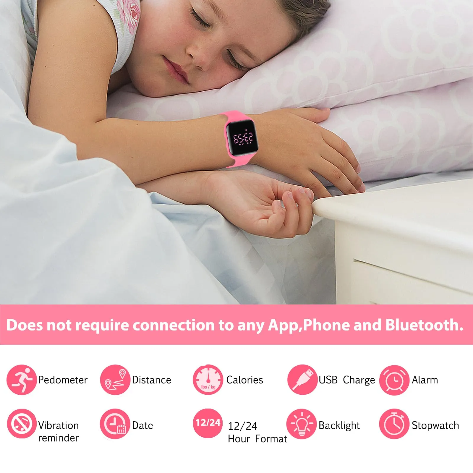 aswan watch Orologio Digitale Bambina Bambino con Contapassi,Calorie e Distanza senza App,Sveglia, Cronometro, Data, Luce-Orologio da polso Ragazza Ragazzo con Cinturino in Silicone - immagine 2