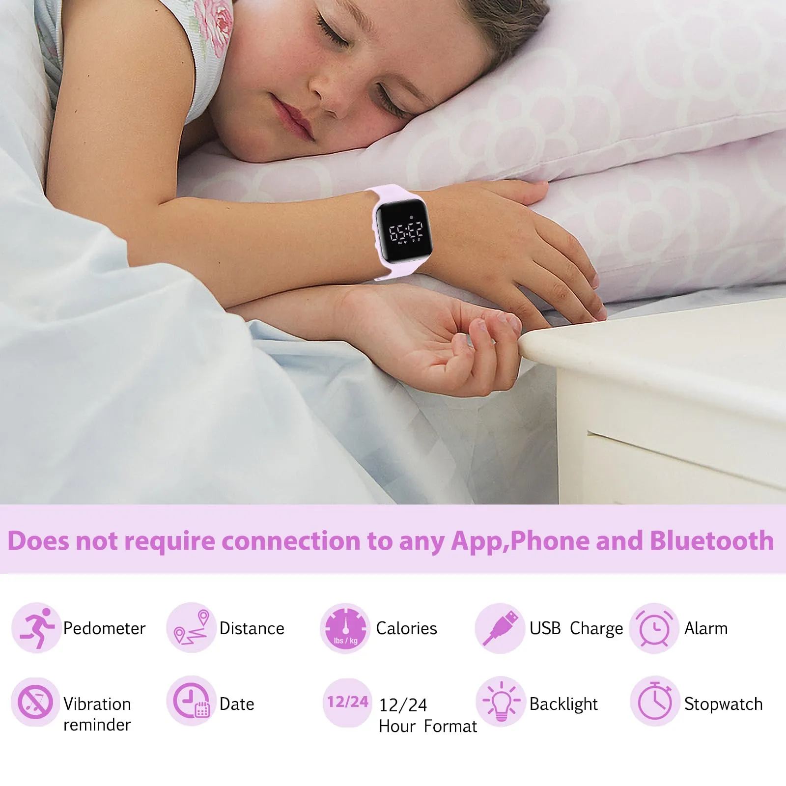 aswan watch Orologio Digitale Bambina Bambino con Contapassi,Calorie e Distanza senza App,Sveglia, Cronometro, Data, Luce-Orologio da polso Ragazza Ragazzo con Cinturino in Silicone - immagine 2