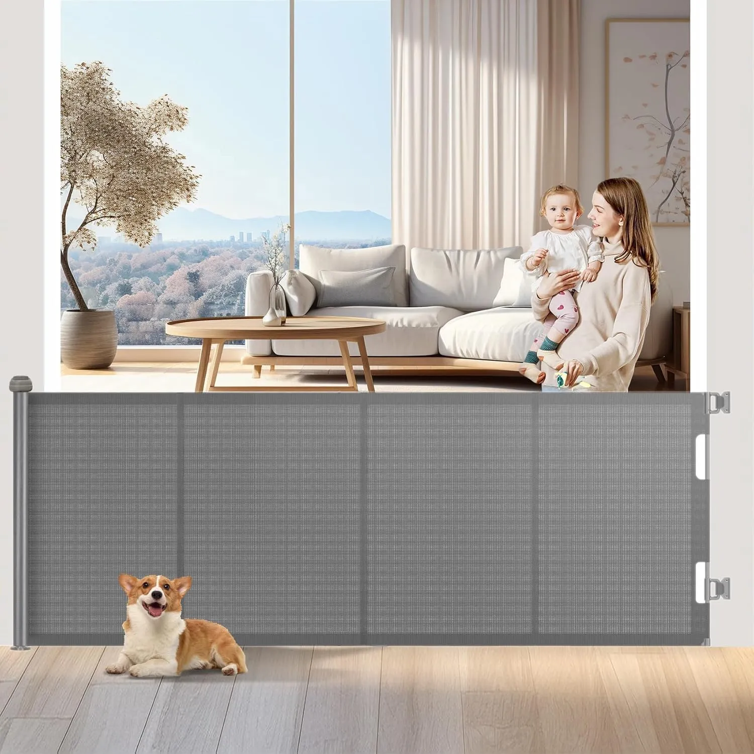 Griglia di protezione per scale, allungabile, 500 cm Porta retrattile e cancelletto per bambini e animali domestici, utilizzabile con una sola mano, per scale, porte, interni ed esterni - immagine 1