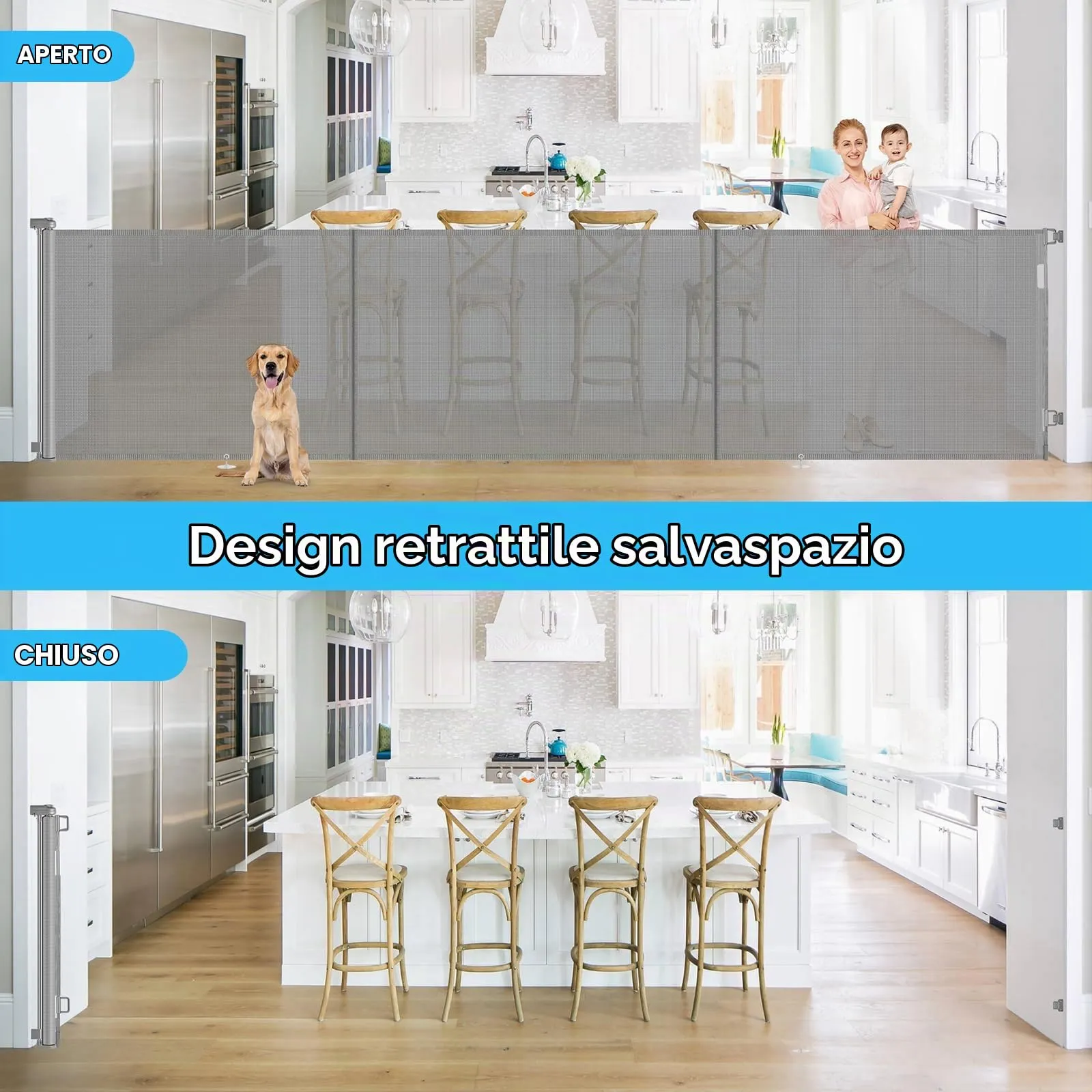 Griglia di protezione per scale, allungabile, 500 cm Porta retrattile e cancelletto per bambini e animali domestici, utilizzabile con una sola mano, per scale, porte, interni ed esterni - immagine 6