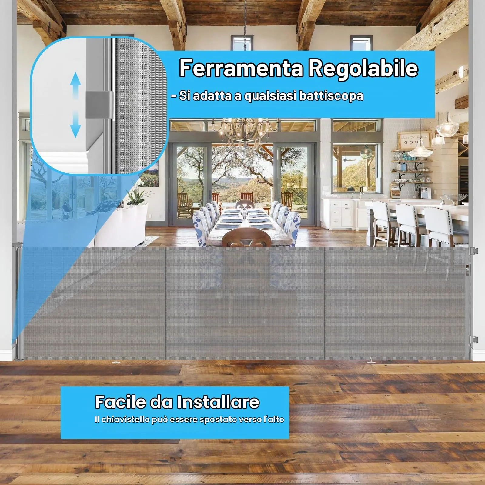 Griglia di protezione per scale, allungabile, 500 cm Porta retrattile e cancelletto per bambini e animali domestici, utilizzabile con una sola mano, per scale, porte, interni ed esterni - immagine 7
