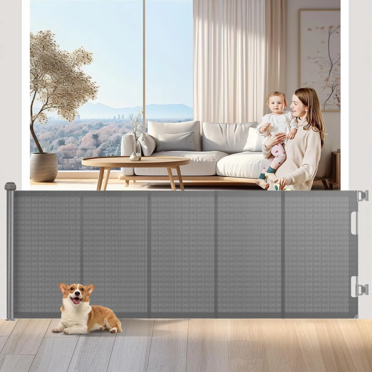 Griglia di protezione per scale, allungabile, 300 cm Porta retrattile e cancelletto per bambini e animali domestici, utilizzabile con una sola mano, per scale, porte, interni ed esterni - immagine 1