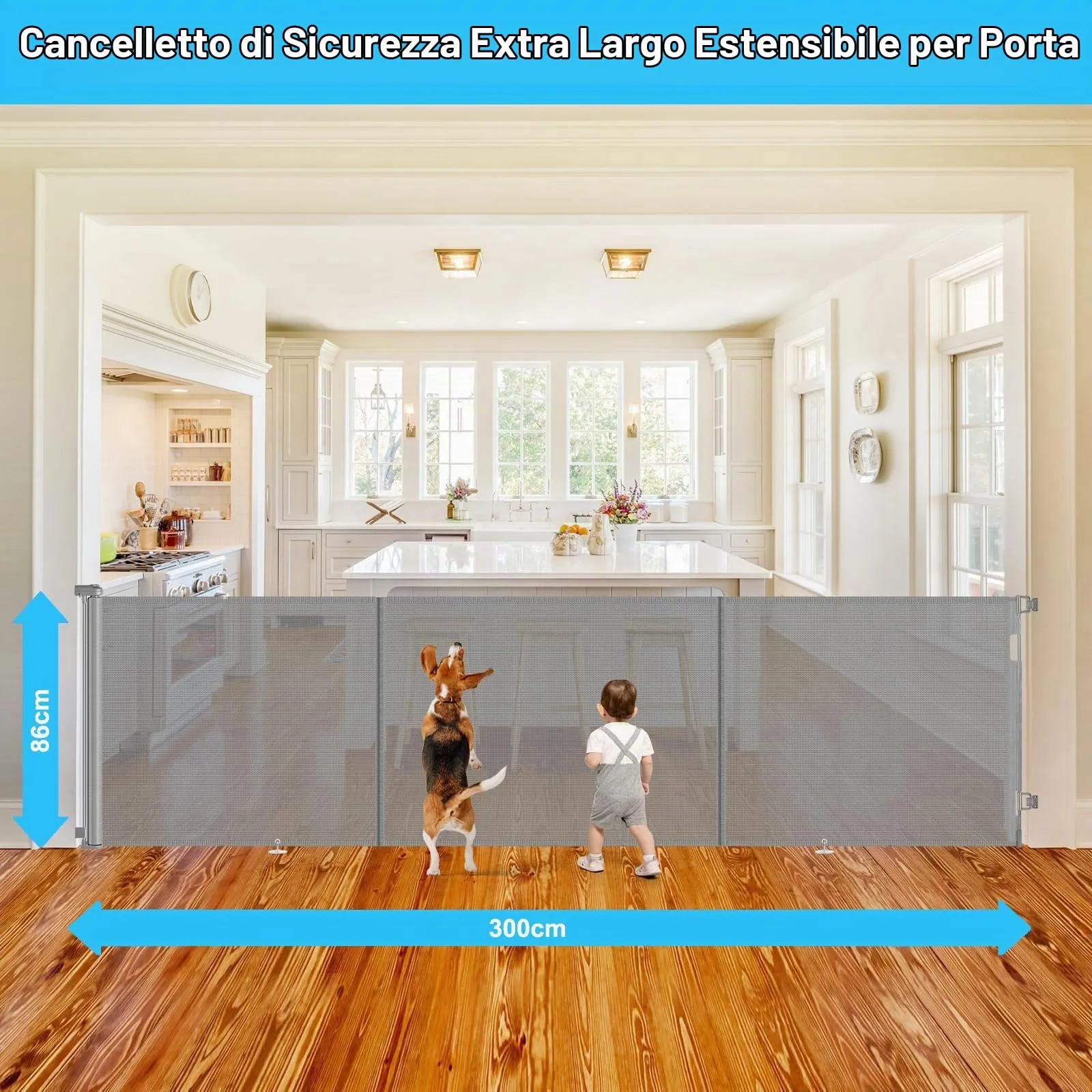 Griglia di protezione per scale, allungabile, 300 cm Porta retrattile e cancelletto per bambini e animali domestici, utilizzabile con una sola mano, per scale, porte, interni ed esterni - immagine 4