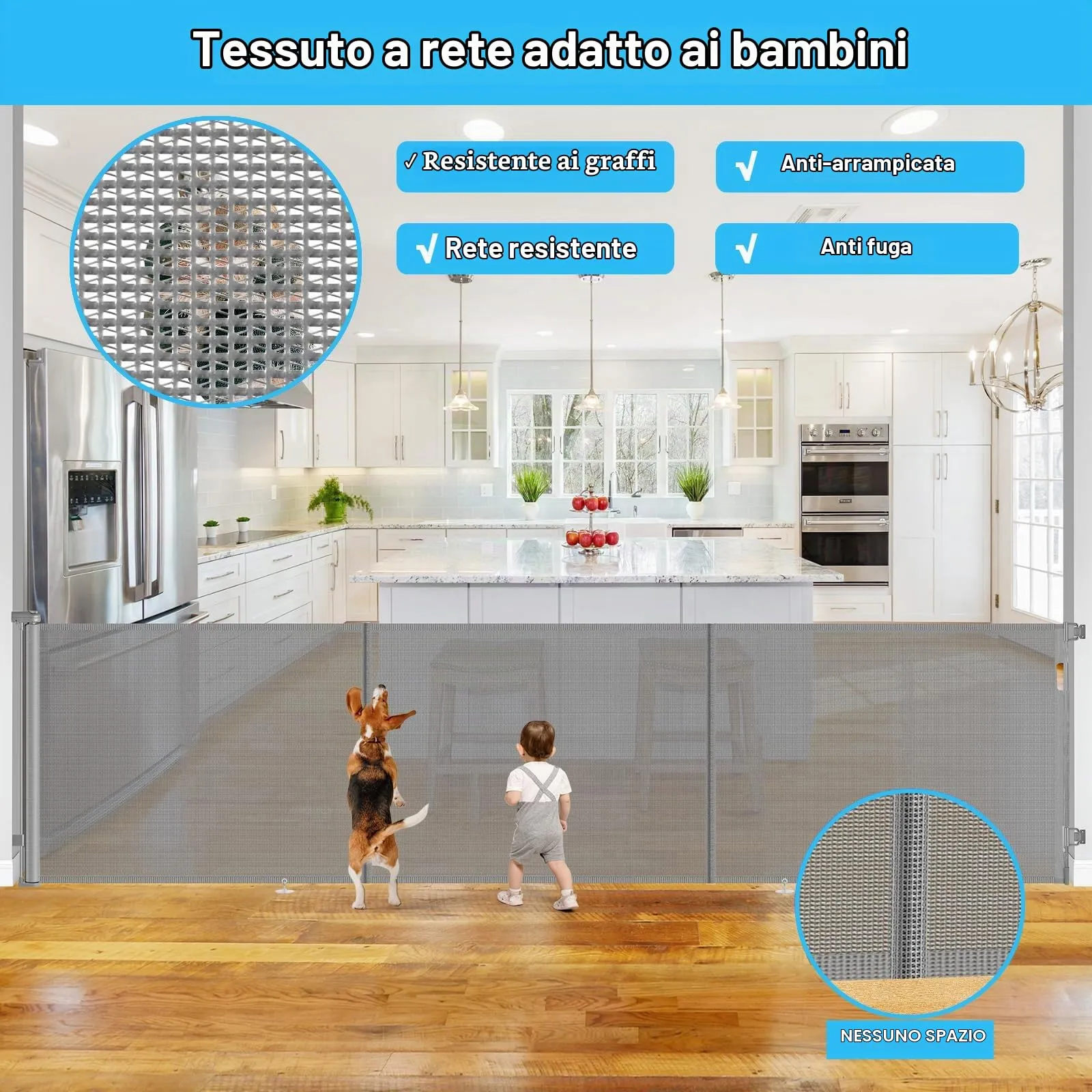Griglia di protezione per scale, allungabile, 300 cm Porta retrattile e cancelletto per bambini e animali domestici, utilizzabile con una sola mano, per scale, porte, interni ed esterni - immagine 5