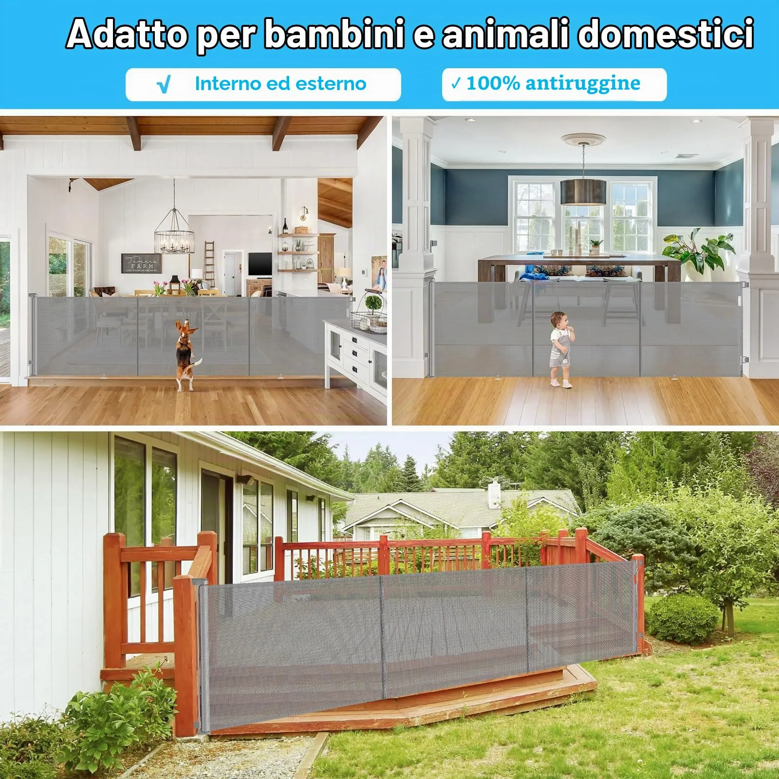 Griglia di protezione per scale, allungabile, 300 cm Porta retrattile e cancelletto per bambini e animali domestici, utilizzabile con una sola mano, per scale, porte, interni ed esterni - immagine 8