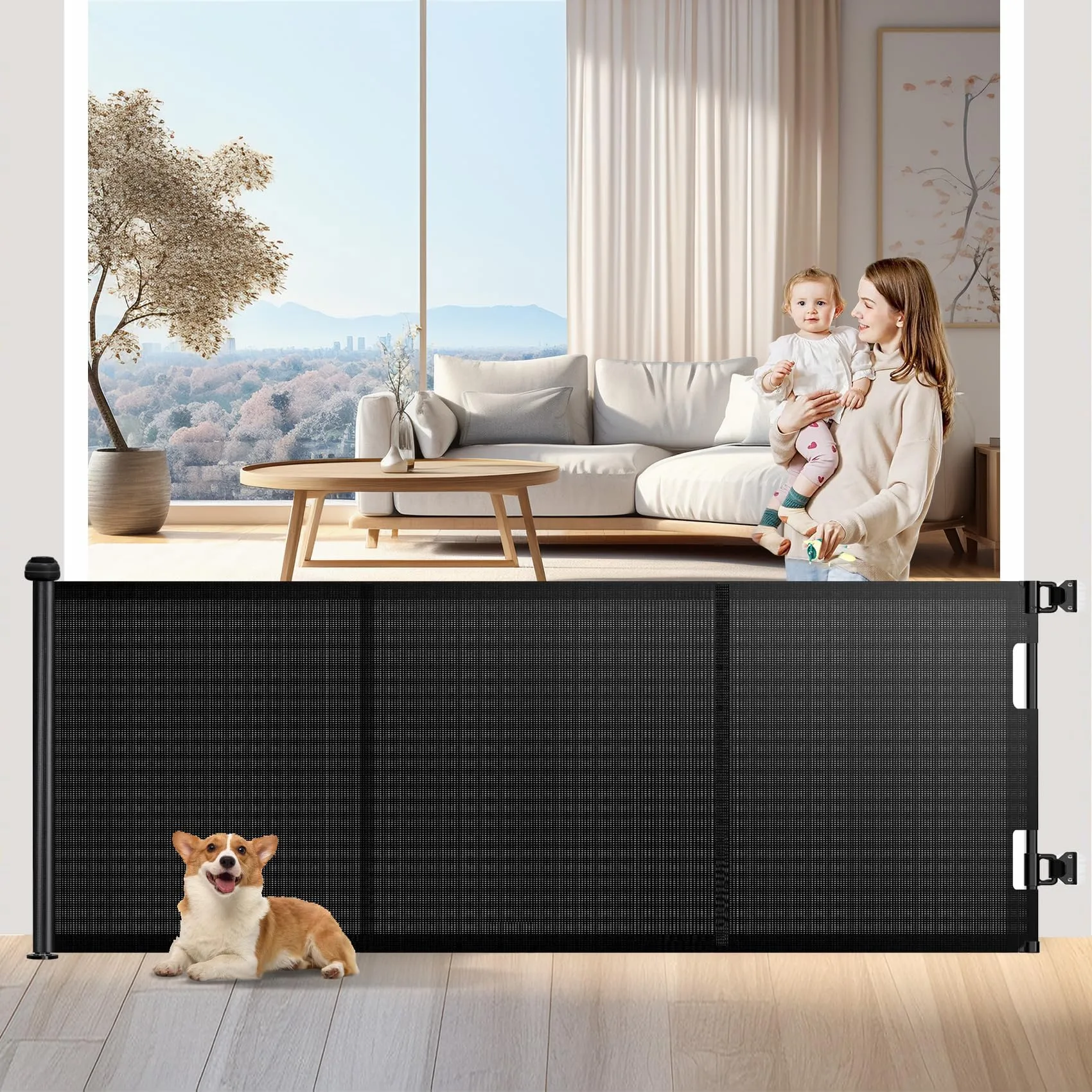 Griglia di protezione per scale, allungabile, 300 cm Porta retrattile e cancelletto per bambini e animali domestici, utilizzabile con una sola mano, per scale, porte, interni ed esterni - immagine 1