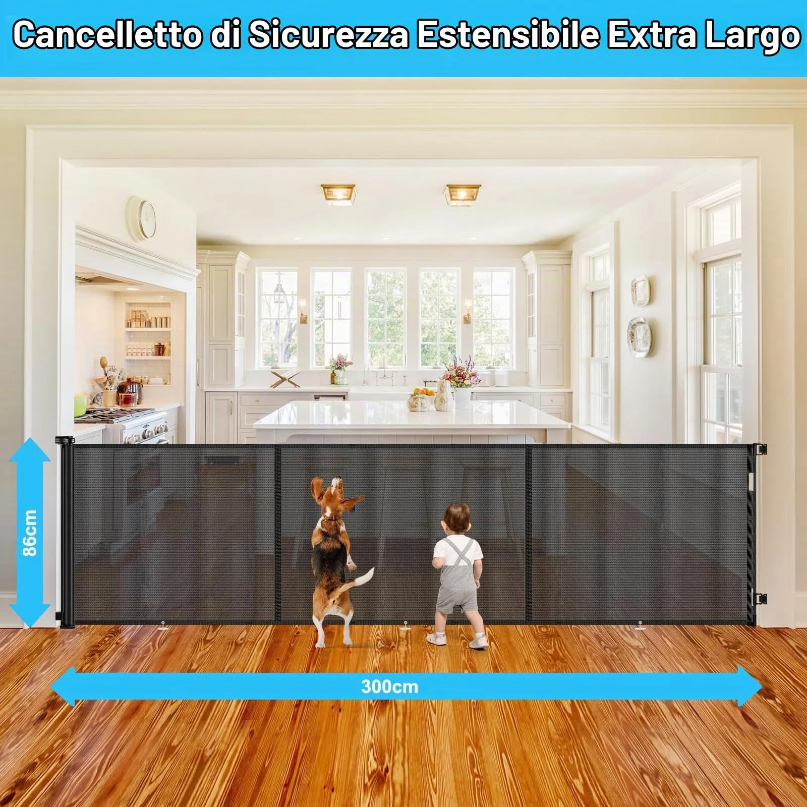Griglia di protezione per scale, allungabile, 300 cm Porta retrattile e cancelletto per bambini e animali domestici, utilizzabile con una sola mano, per scale, porte, interni ed esterni - immagine 3