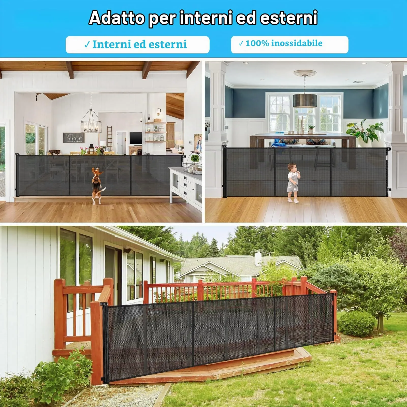 Griglia di protezione per scale, allungabile, 300 cm Porta retrattile e cancelletto per bambini e animali domestici, utilizzabile con una sola mano, per scale, porte, interni ed esterni - immagine 7